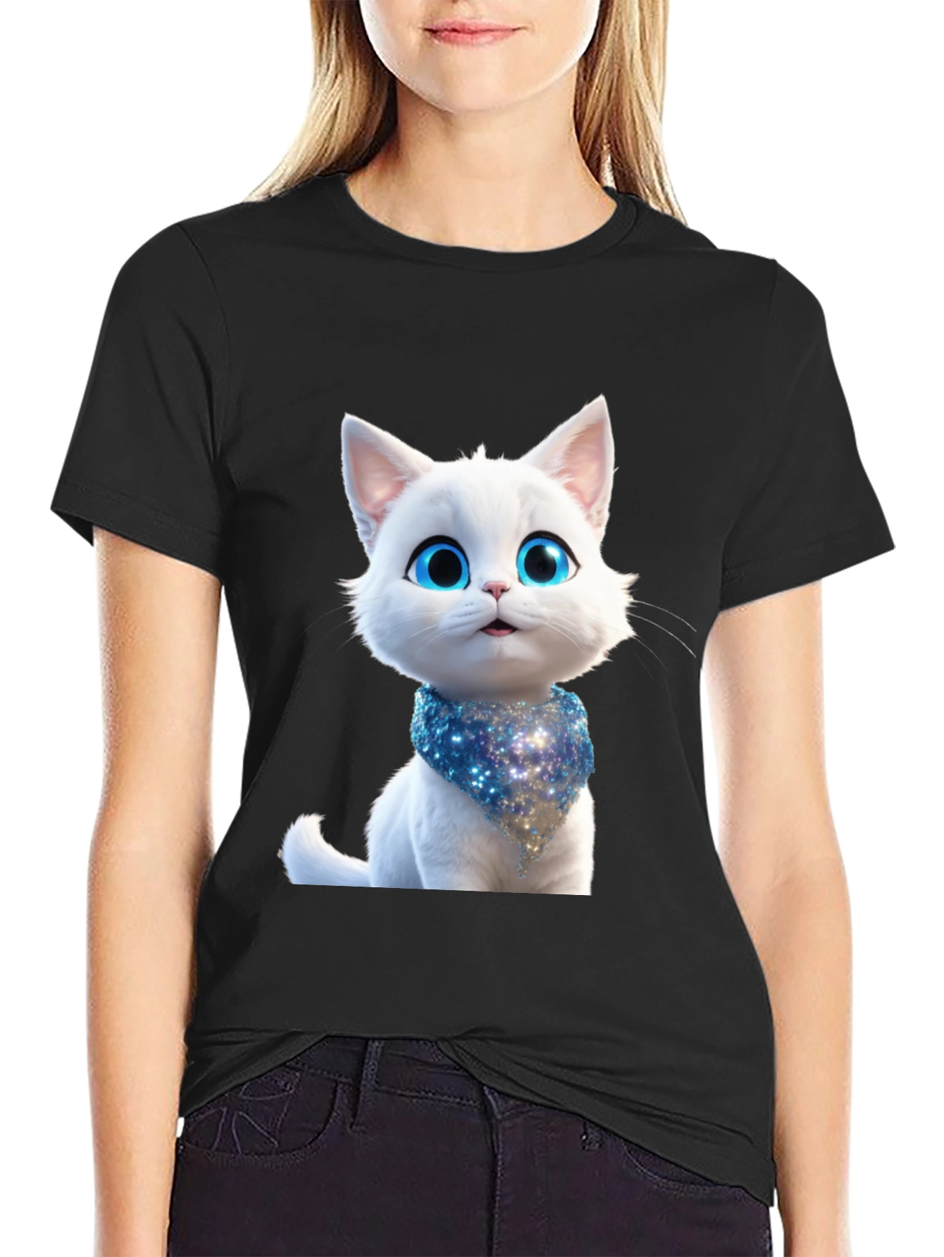 Black Cute Cartoon Cat Graphic Tee - Unisex Black T-Shirt view 2