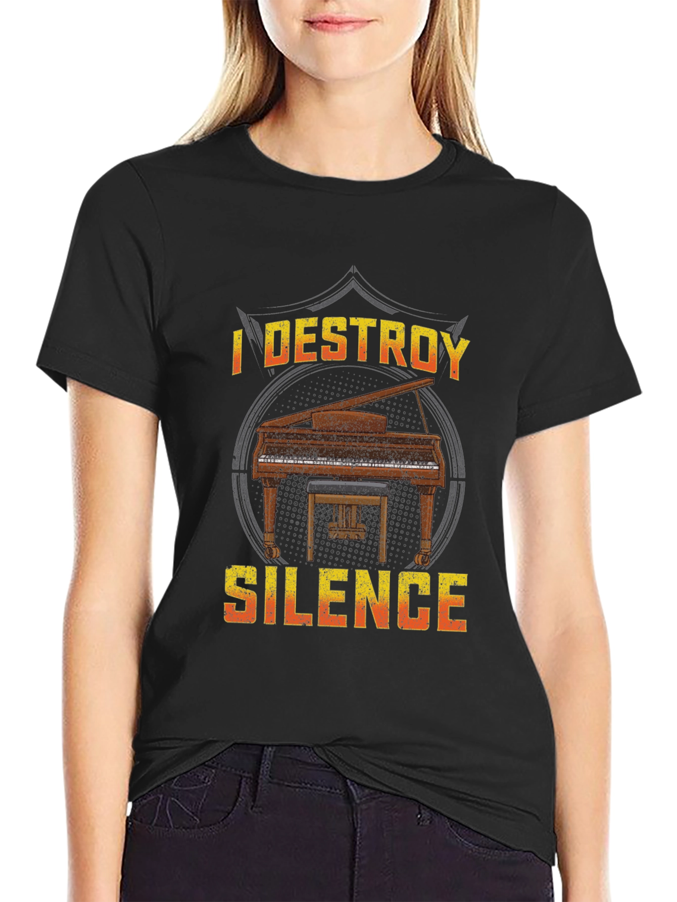 Black I Destroy Silence Piano T-Shirt view 2