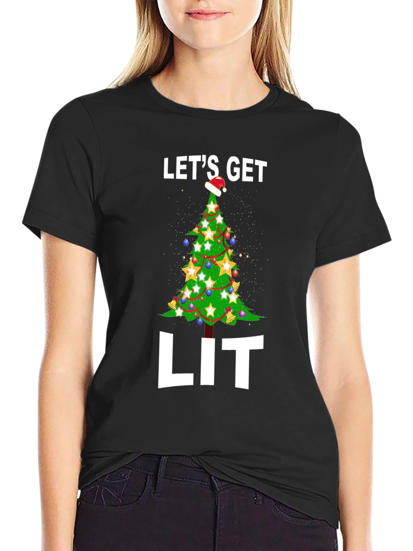Black Let's Get Lit Christmas Tree Graphic Tee view 2