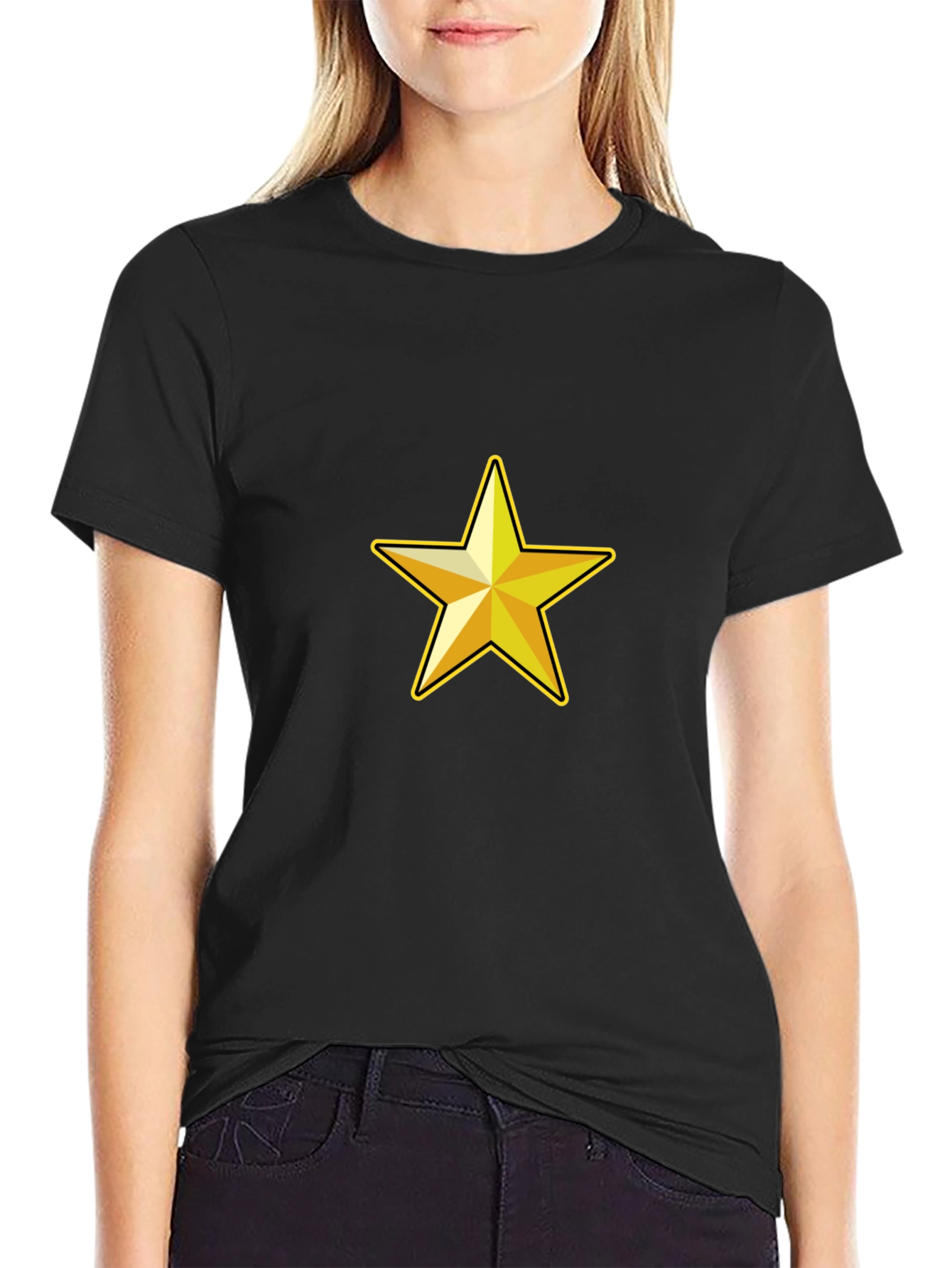 Black Classic Black Tee with Gold Star Graphic view 2