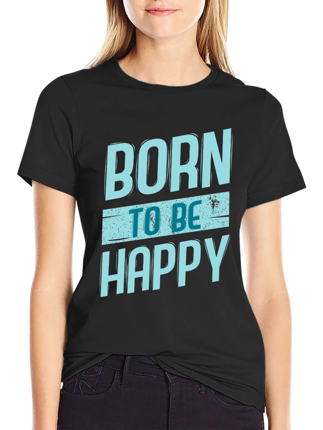 Black Born To Be Happy Graphic Print Black T-Shirt view 2