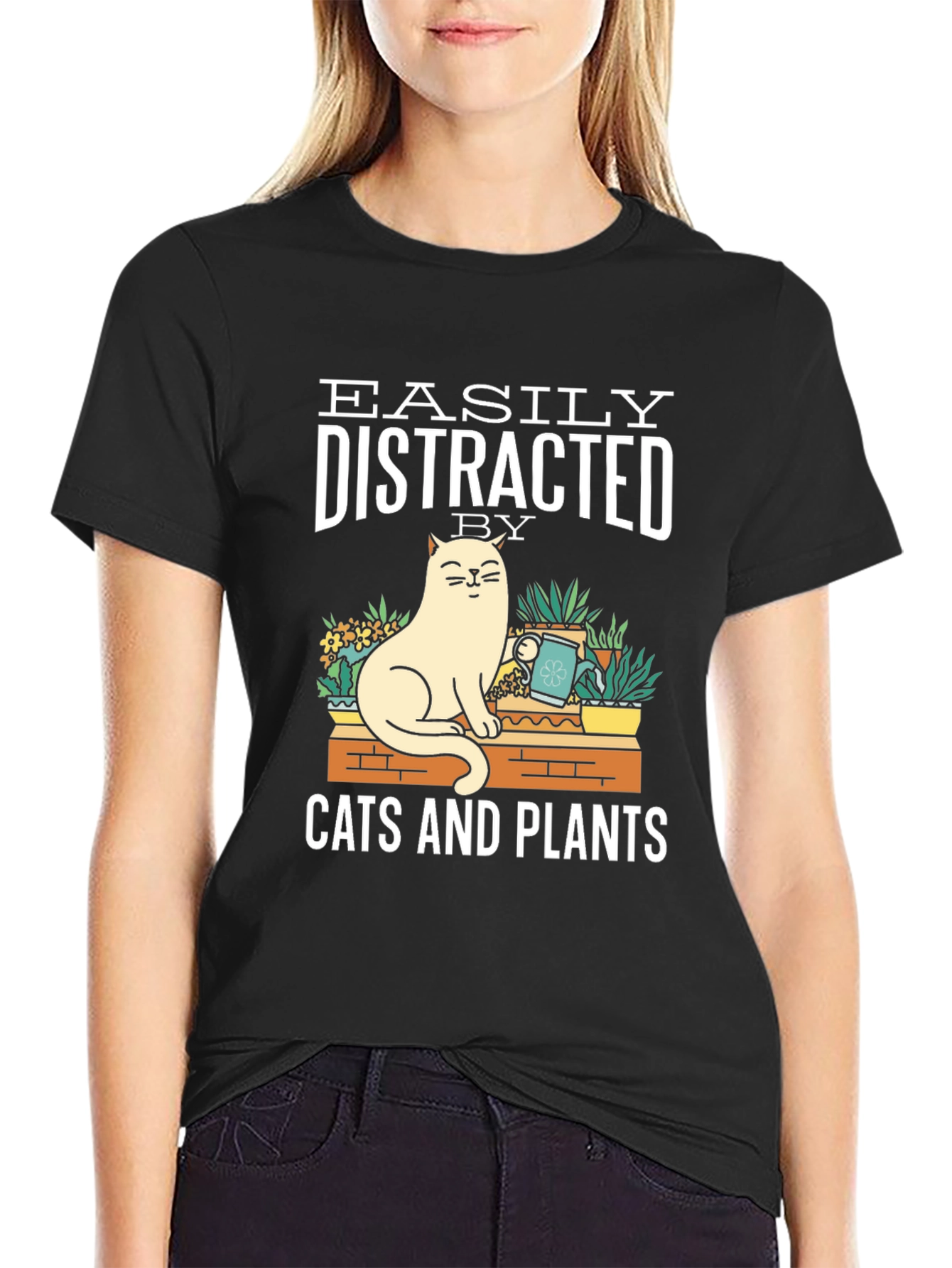 Black Easily Distracted by Cats & Plants Graphic T-Shirt view 2