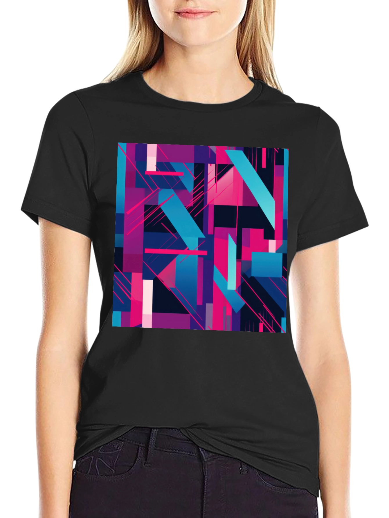 Black Abstract Geometric T-Shirt - Modern Art Tee view 2