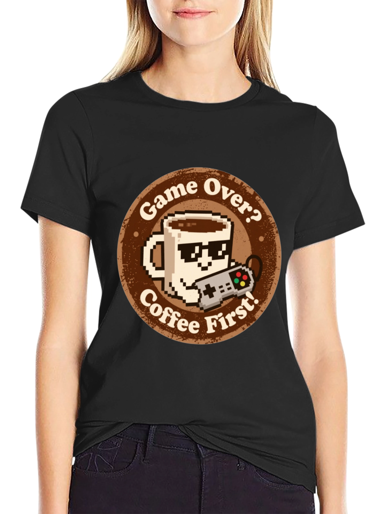 Black Game Over? Coffee First! Graphic Tee view 2