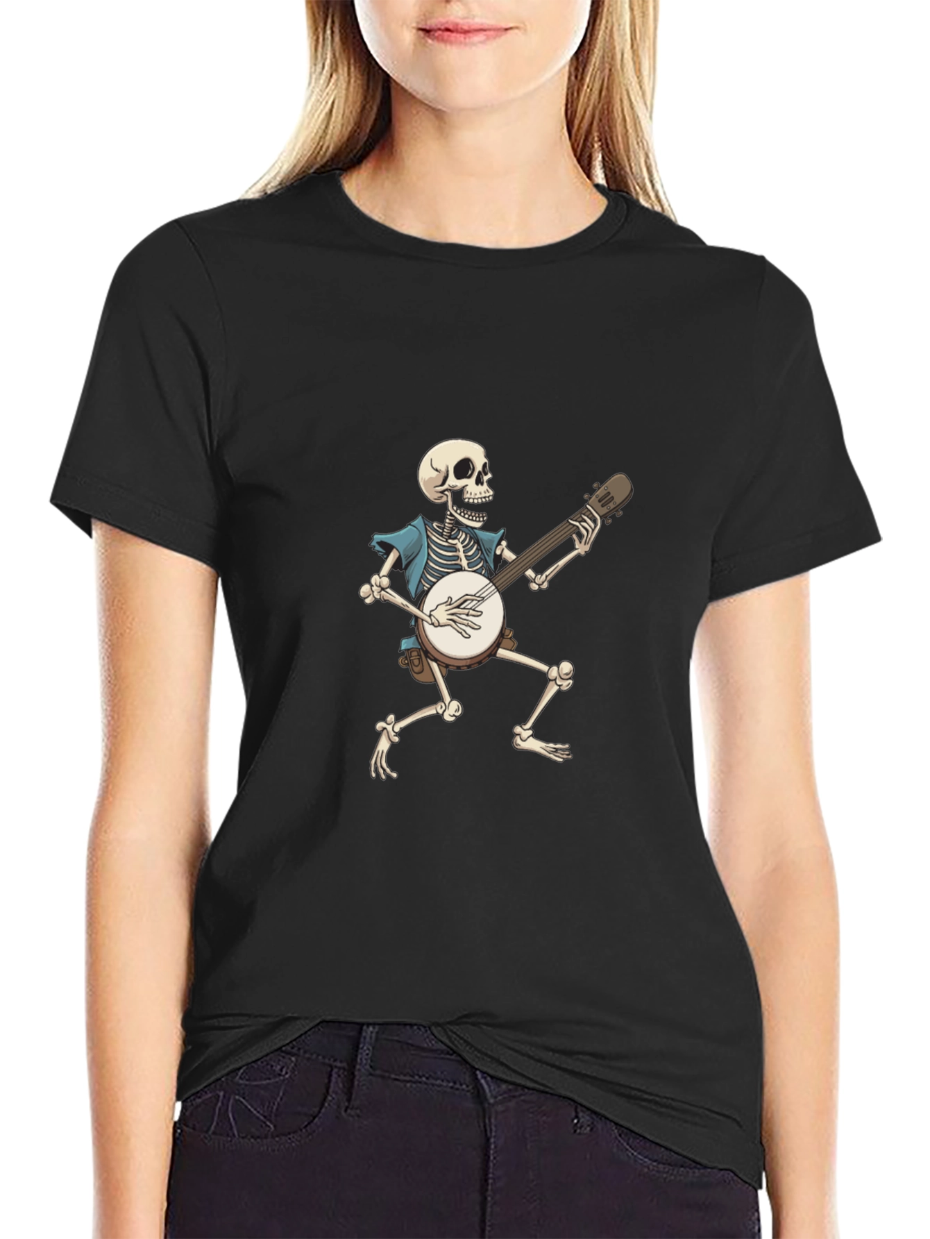Black Skeleton Banjo Player Graphic T-Shirt view 2