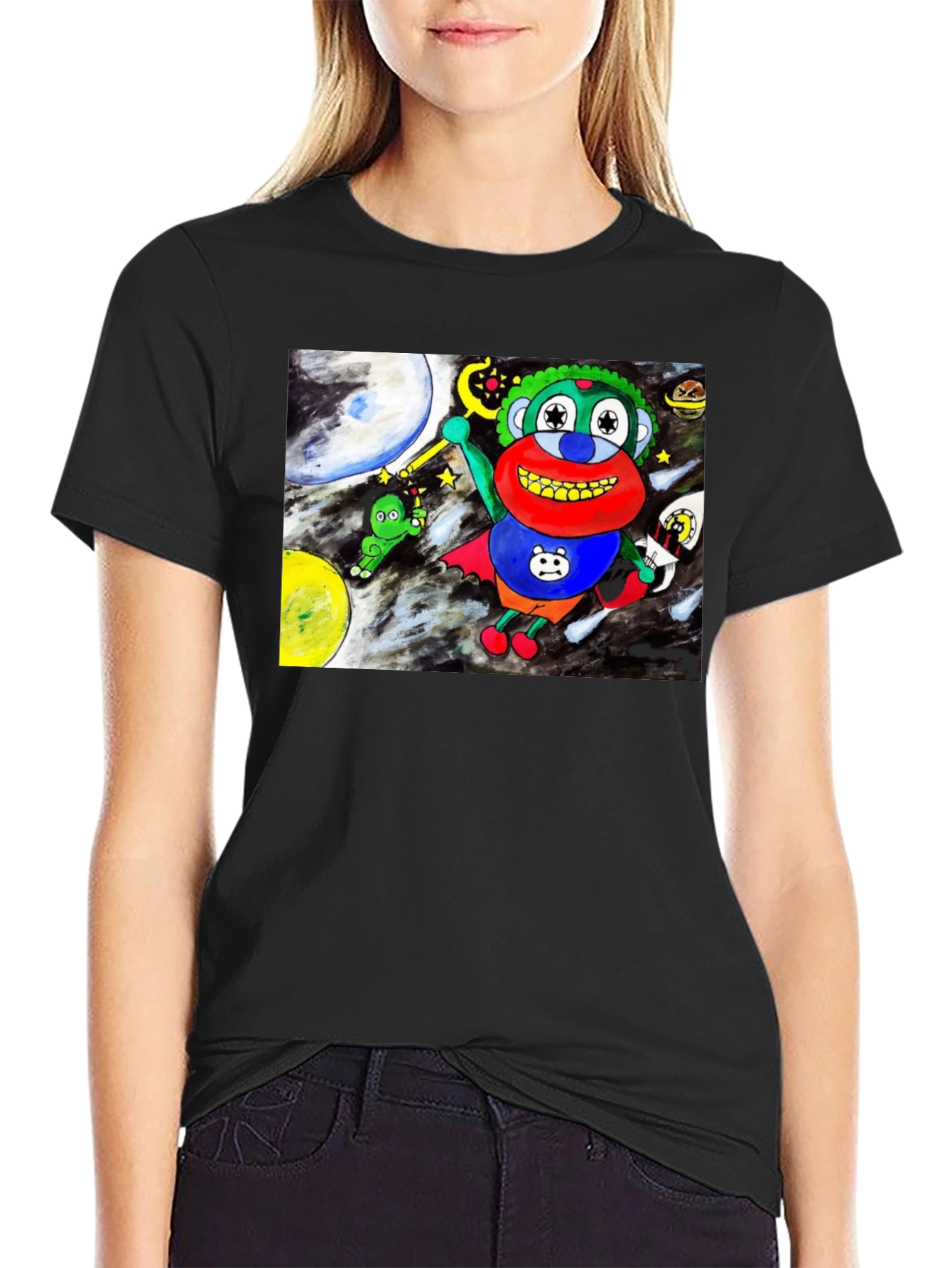 Black Cartoon Graphic Tee: Space Adventure view 2