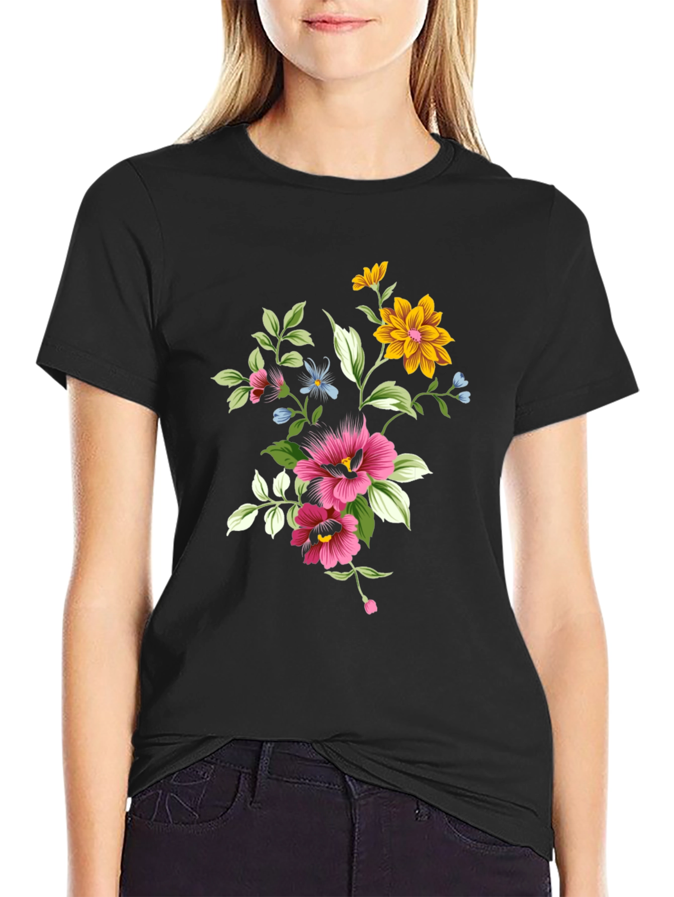 Black Floral Print Black T-Shirt view 2