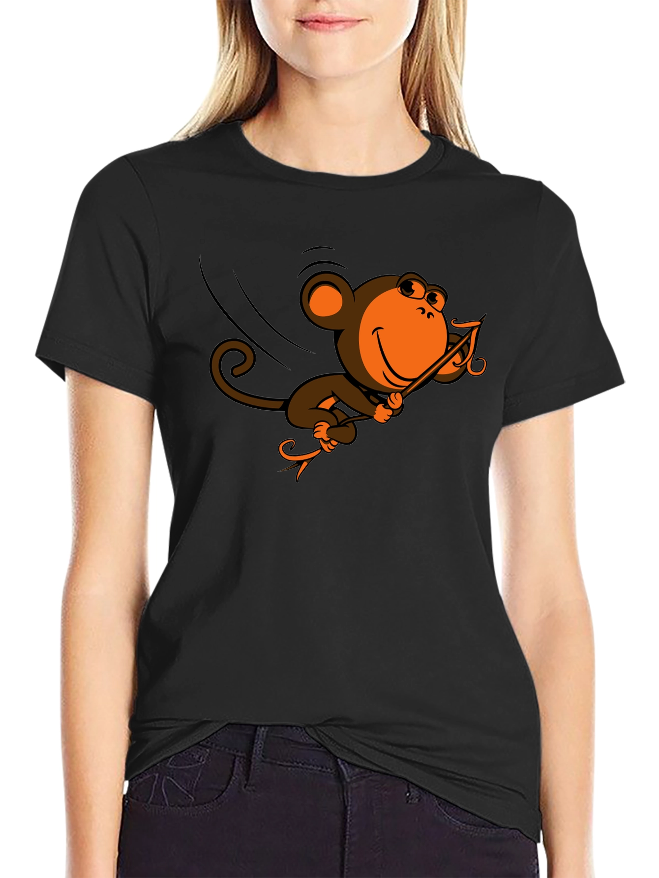Black Monkey Swinging T-Shirt - Fun Cartoon Design view 2