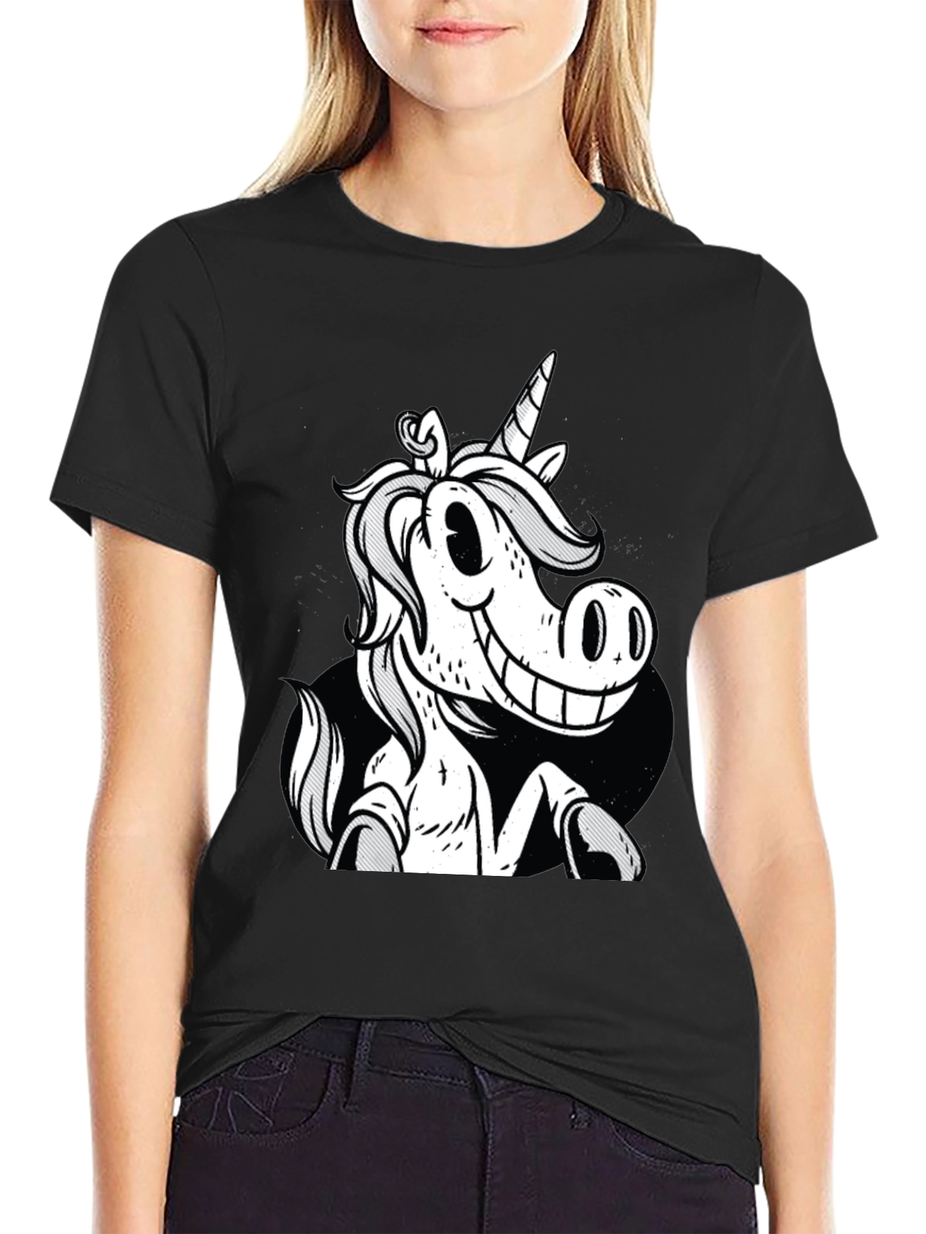 Black Unicorn Cartoon Graphic T-Shirt view 2