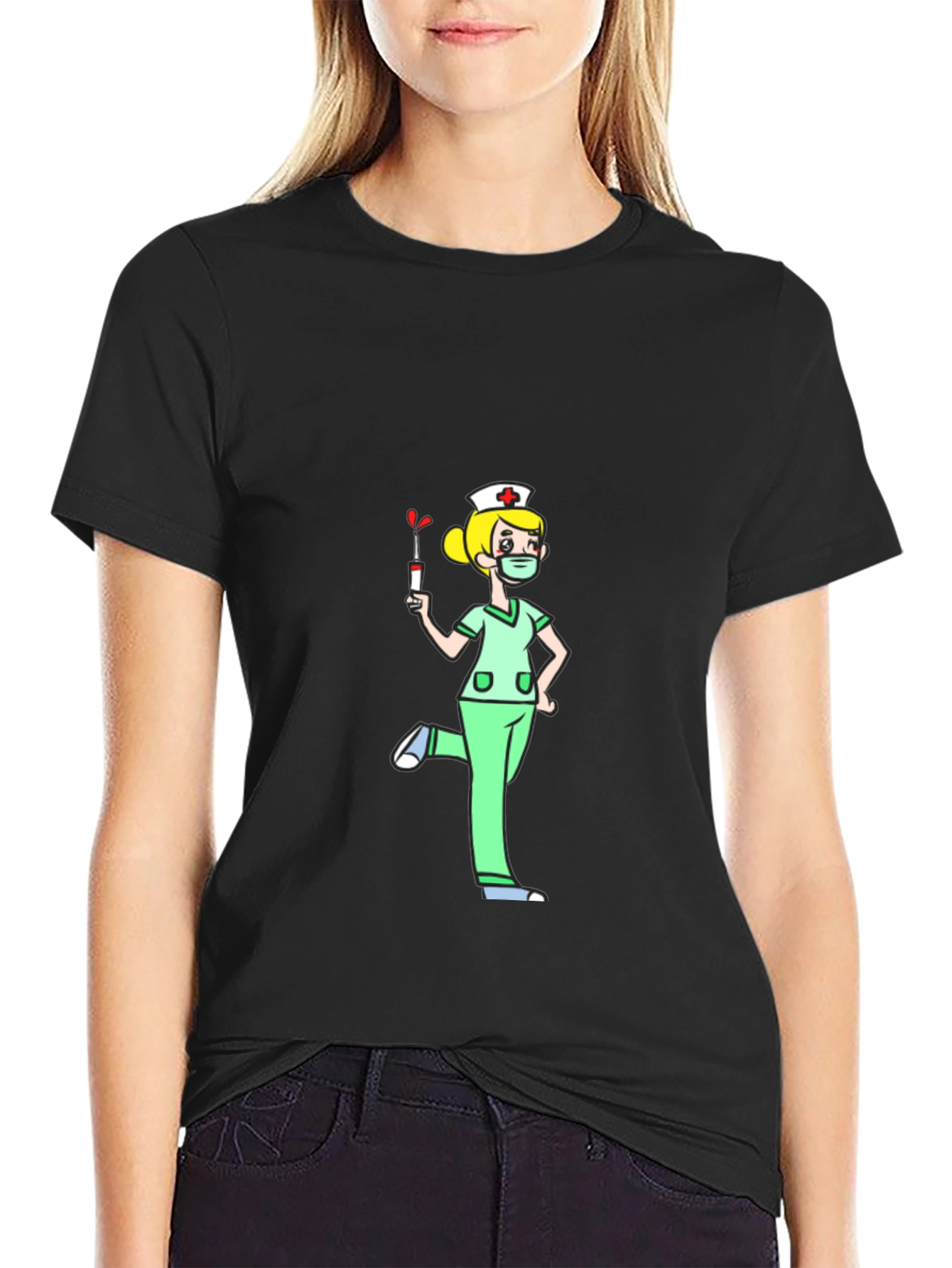 Black Nurse Cartoon Graphic T-Shirt - Black Cotton Tee view 2