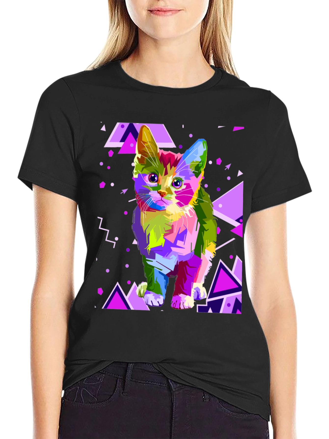 Black Abstract Cat Graphic T-Shirt view 2