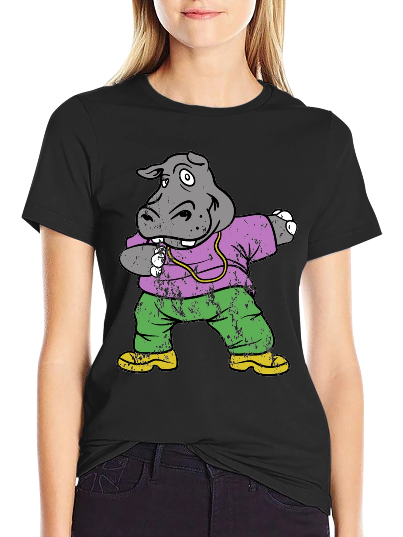 Black Dabbing Hippo Graphic Tee - Cool & Fun view 2