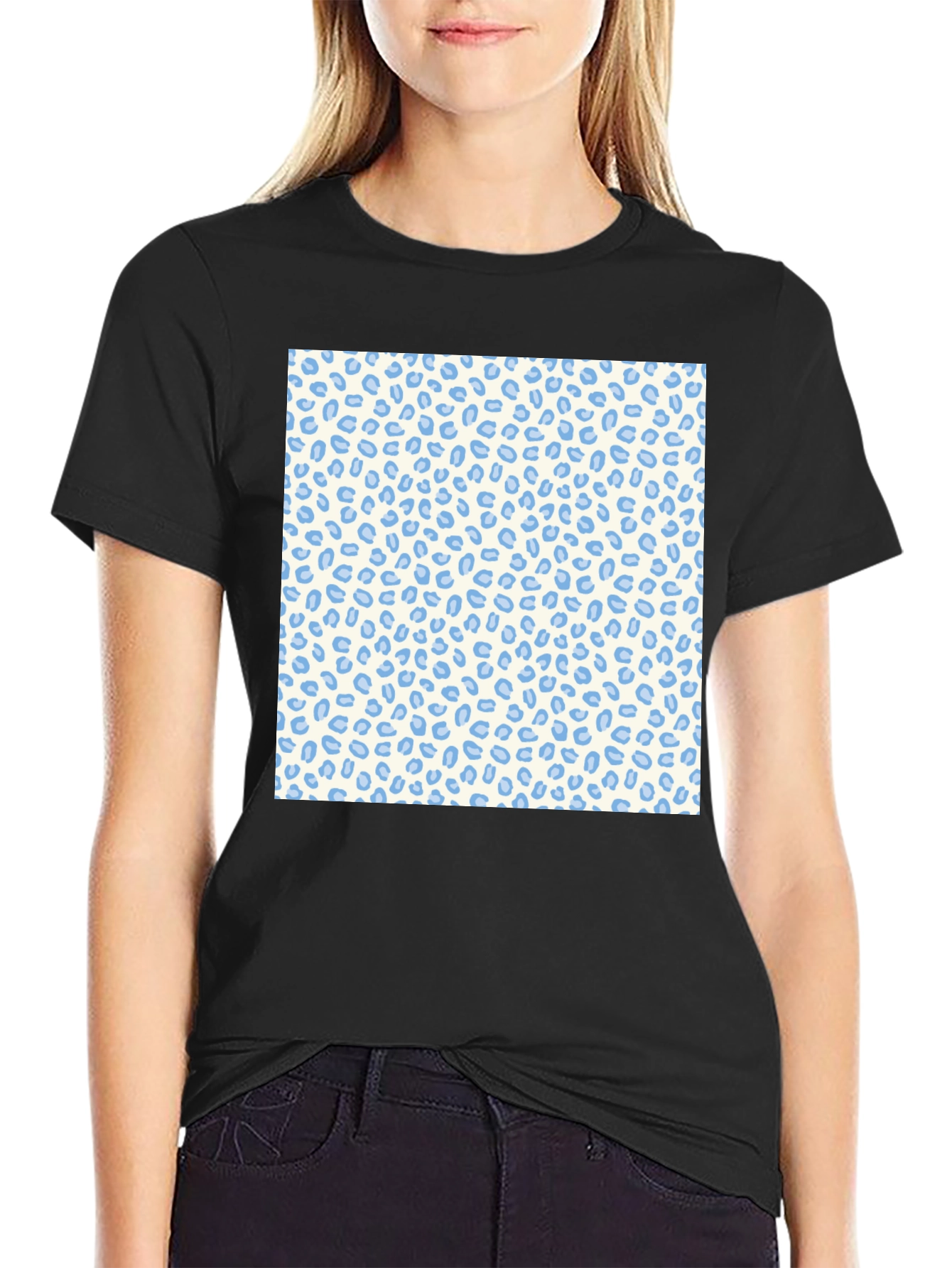 Black Cool Black Tee with Blue Leopard Print view 2