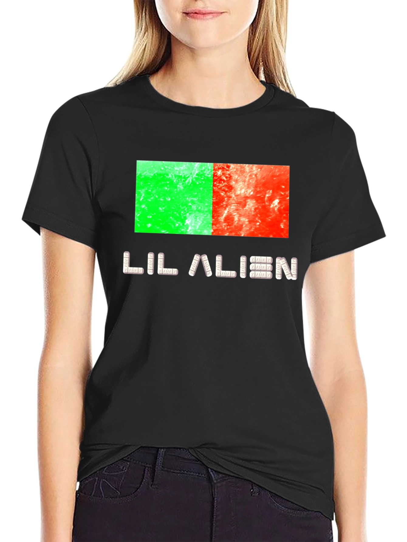 Black Lil Alien Graphic Tee - Black Cotton Blend Shirt view 2
