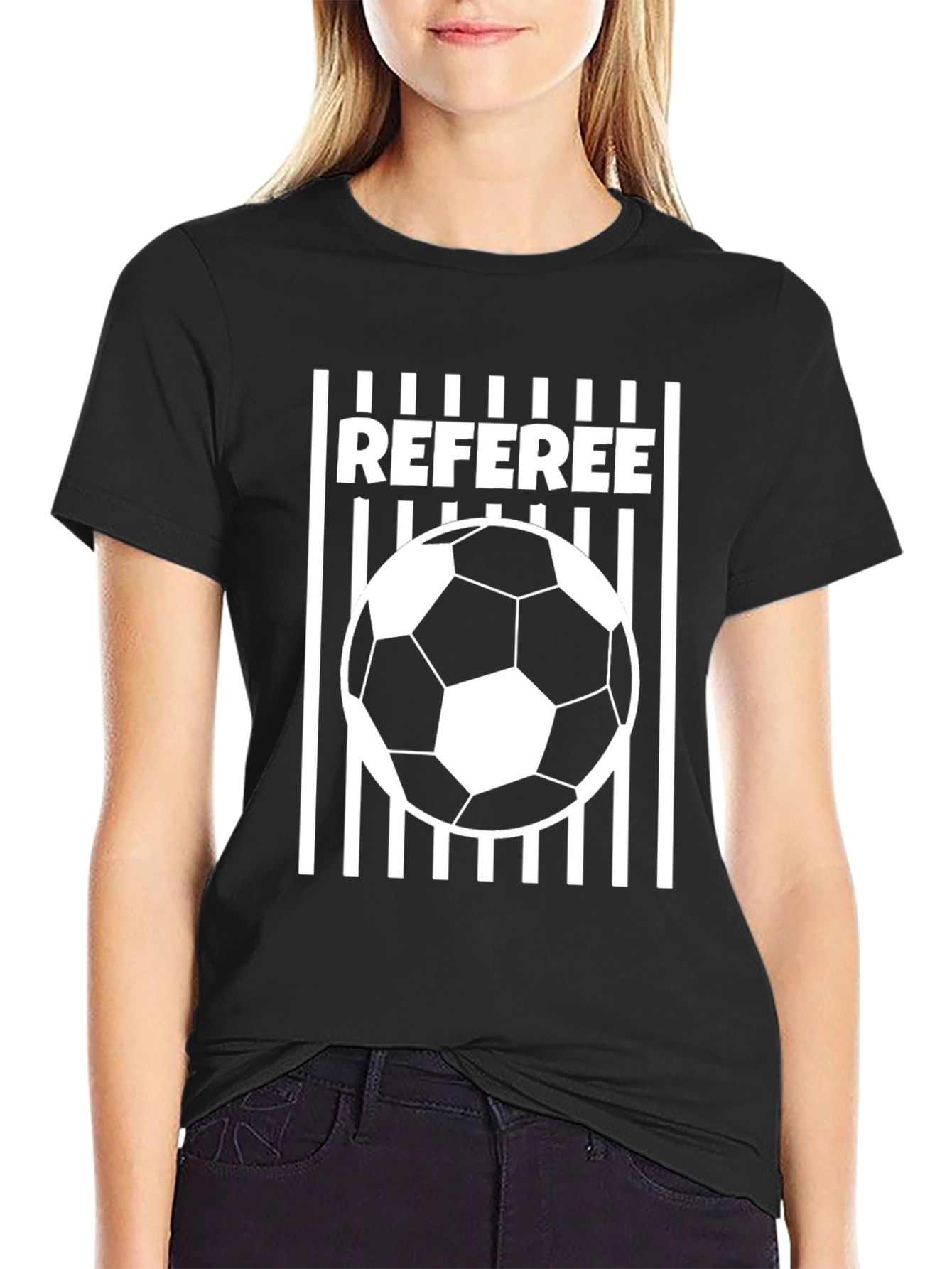 Black Referee Soccer Ball T-Shirt - Black Crew Neck Tee view 2