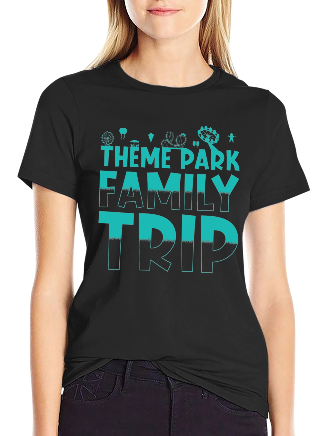 Black Theme Park Family Trip T-Shirt - Black Cotton Tee view 2