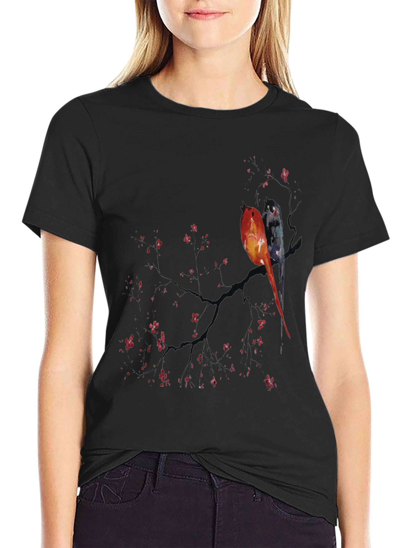 Black Artistic Birds on Branch Graphic Tee view 2