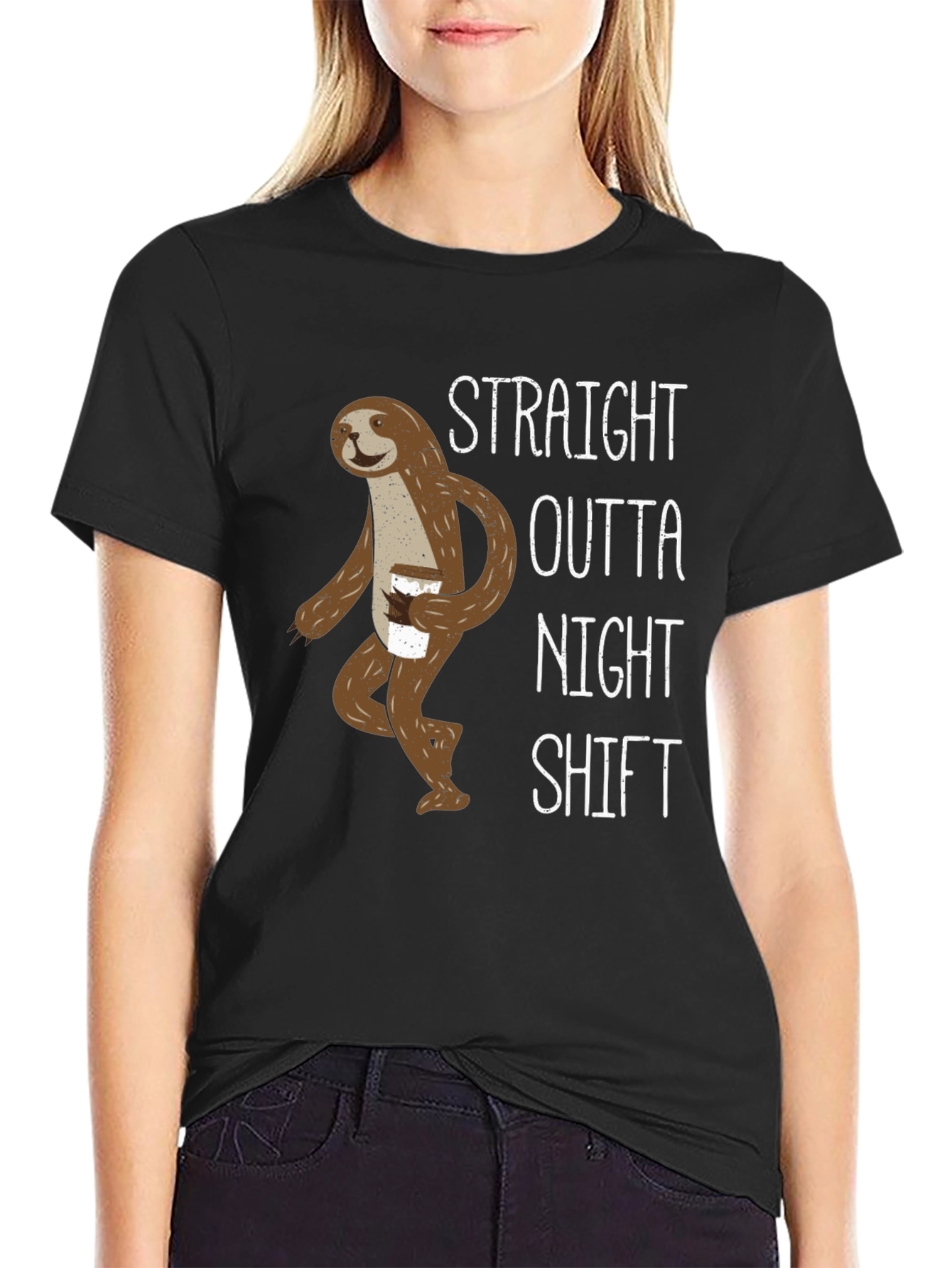 Black Straight Outta Night Shift Sloth Graphic Tee view 2