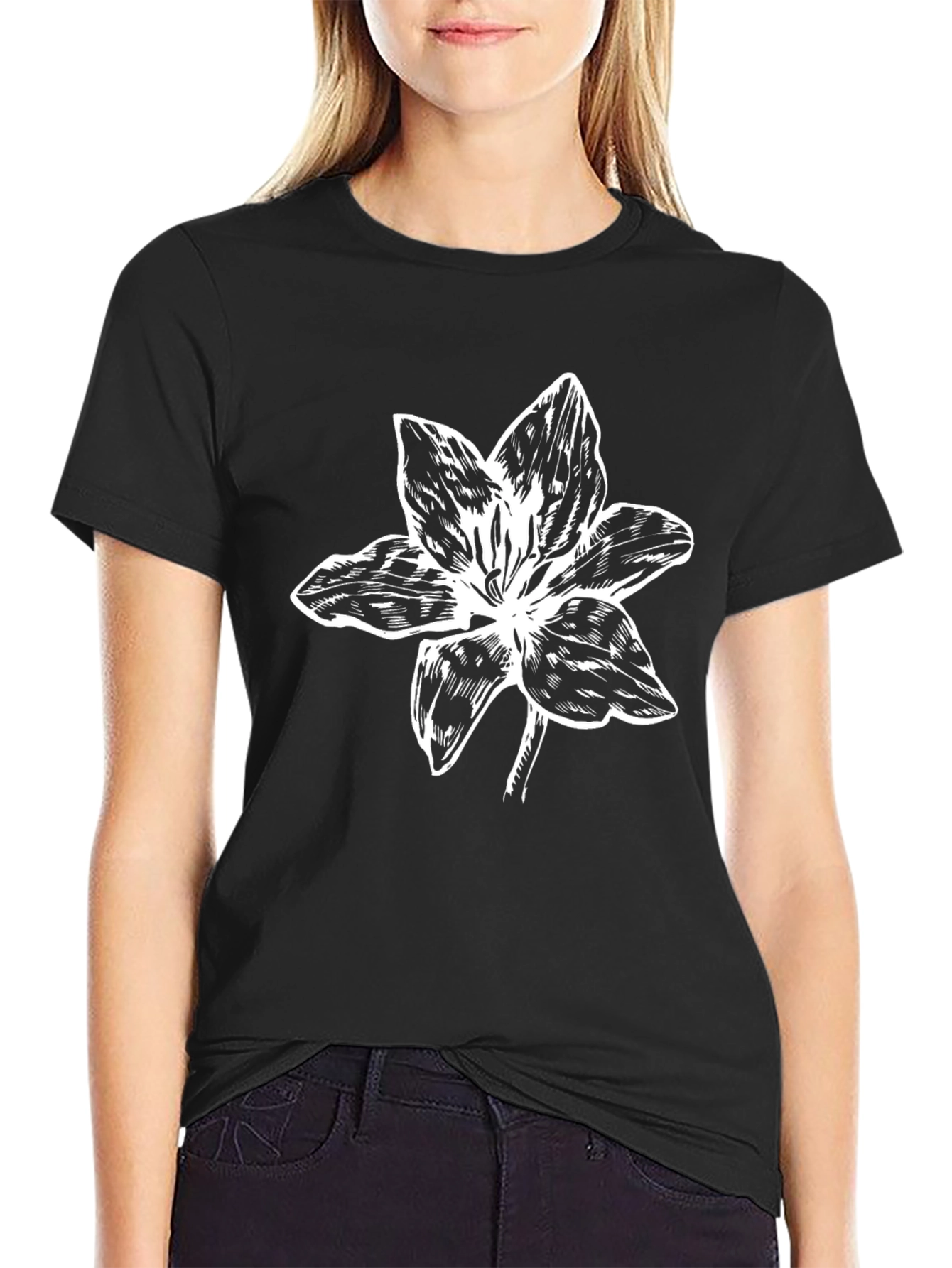 Black Black T-Shirt with White Floral Graphic view 2