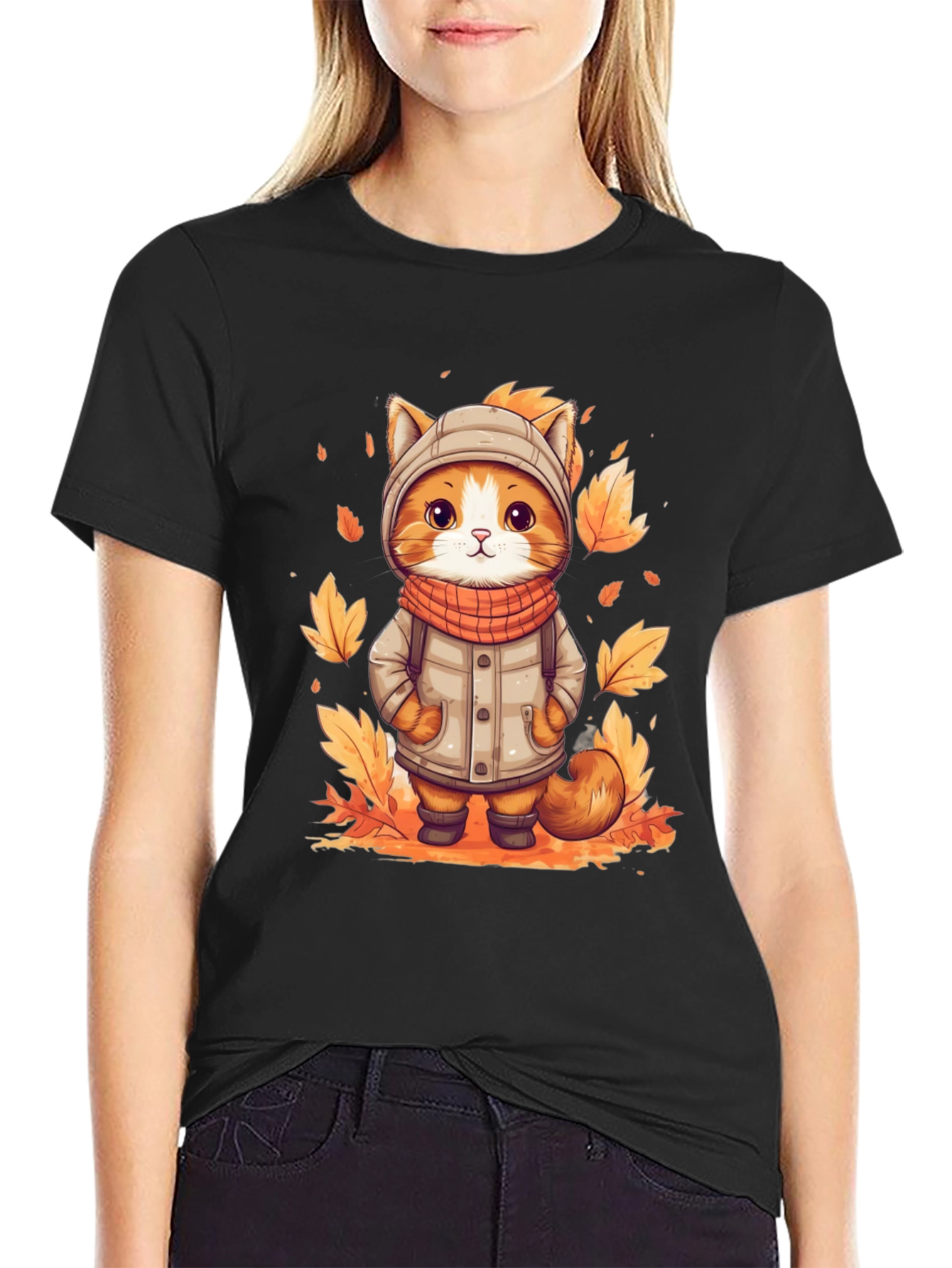 Black Fall Cat T-Shirt - Cute Autumn Kitten Design view 2