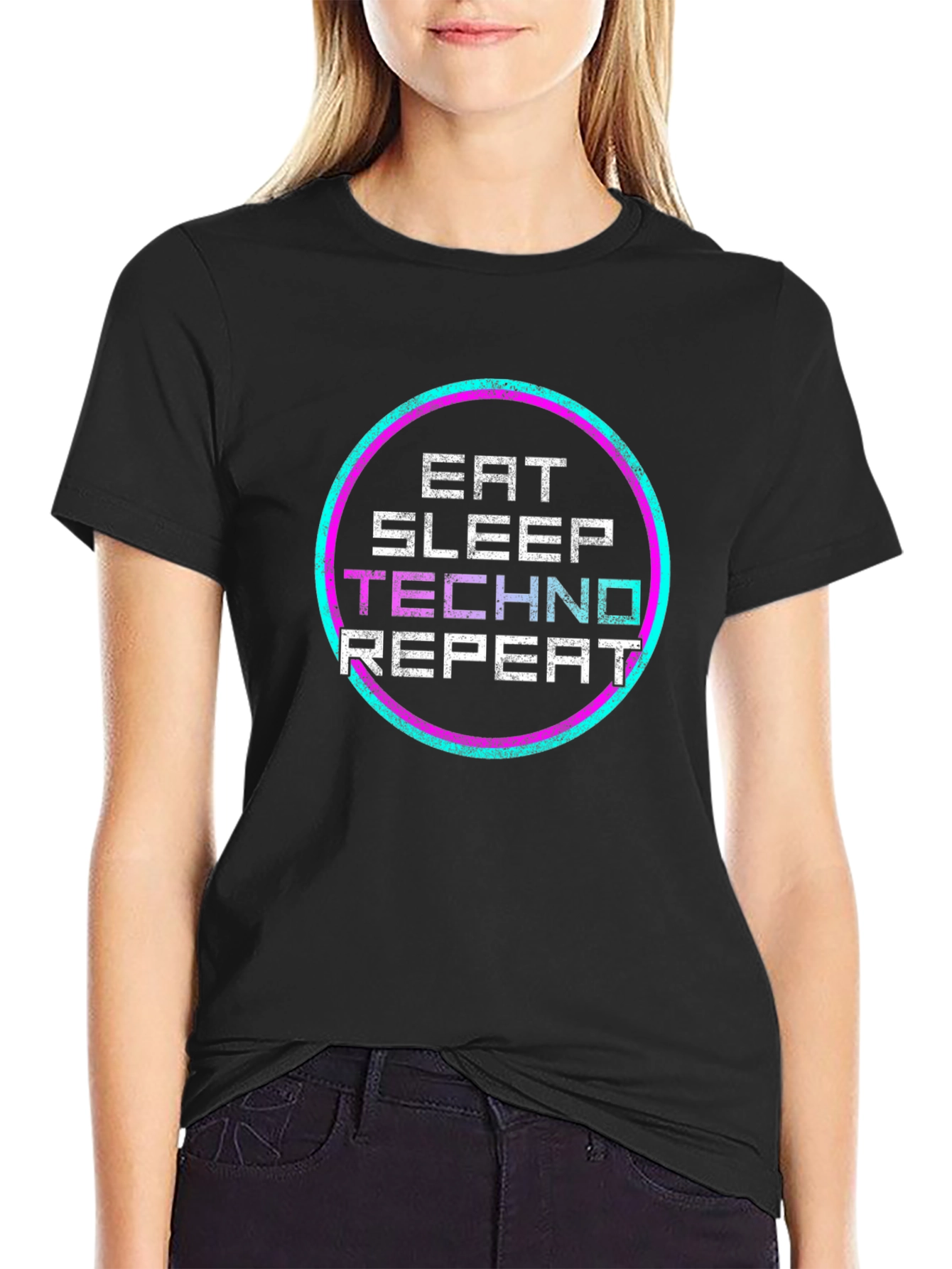 Black Eat Sleep Techno Repeat Black Graphic Tee view 2