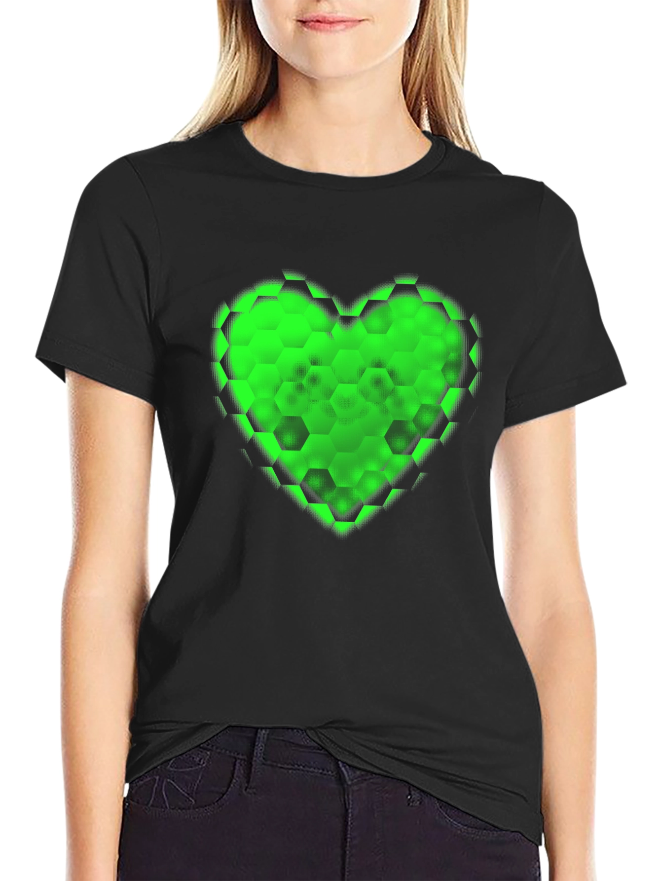 Black Green Hex Heart Graphic T-Shirt - Soft Cotton Blend view 2
