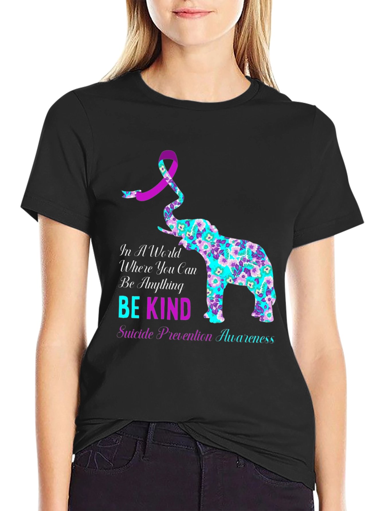 Black Be Kind Suicide Awareness Elephant Graphic Tee view 2