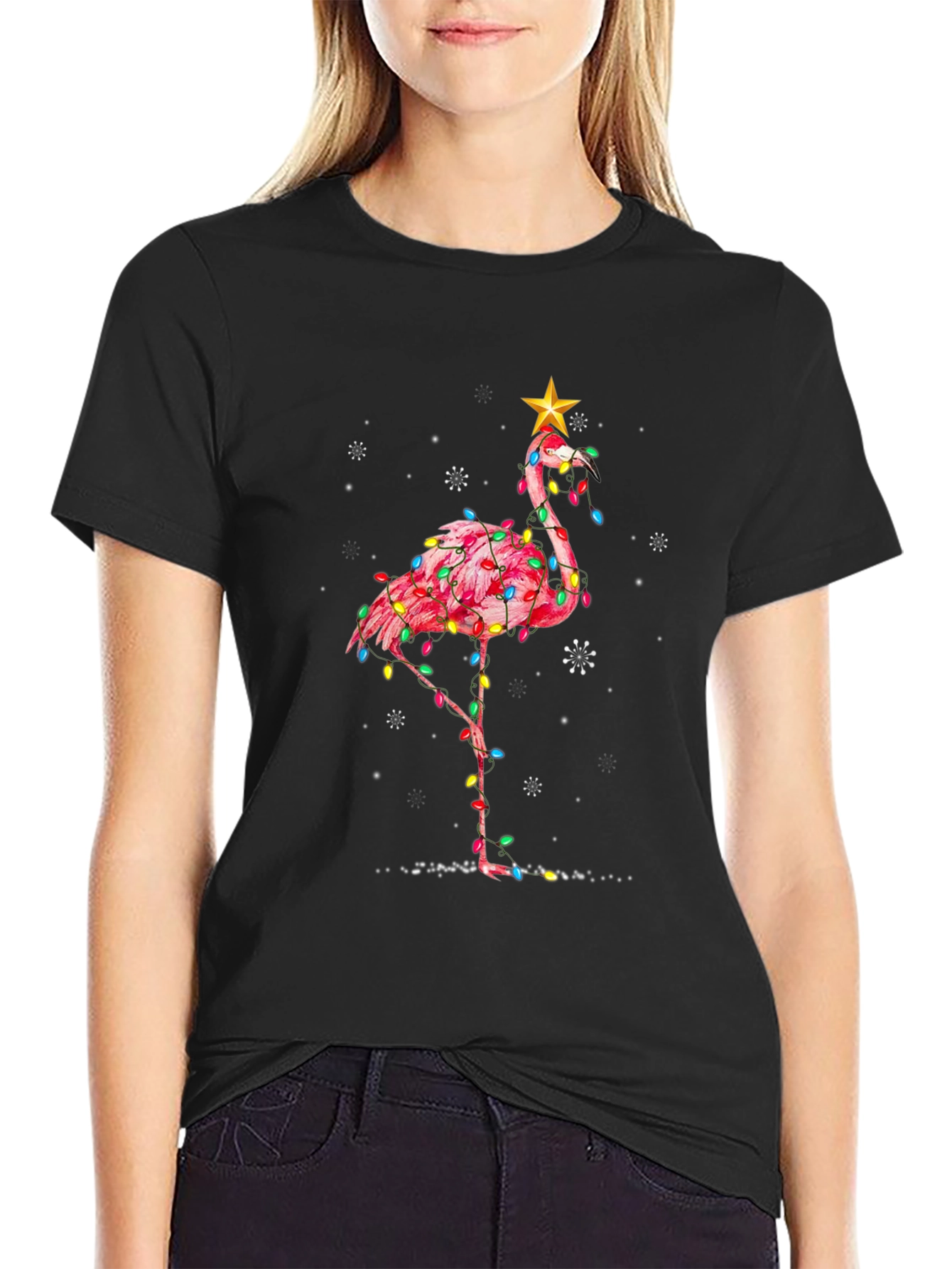 Black Festive Flamingo T-Shirt view 2