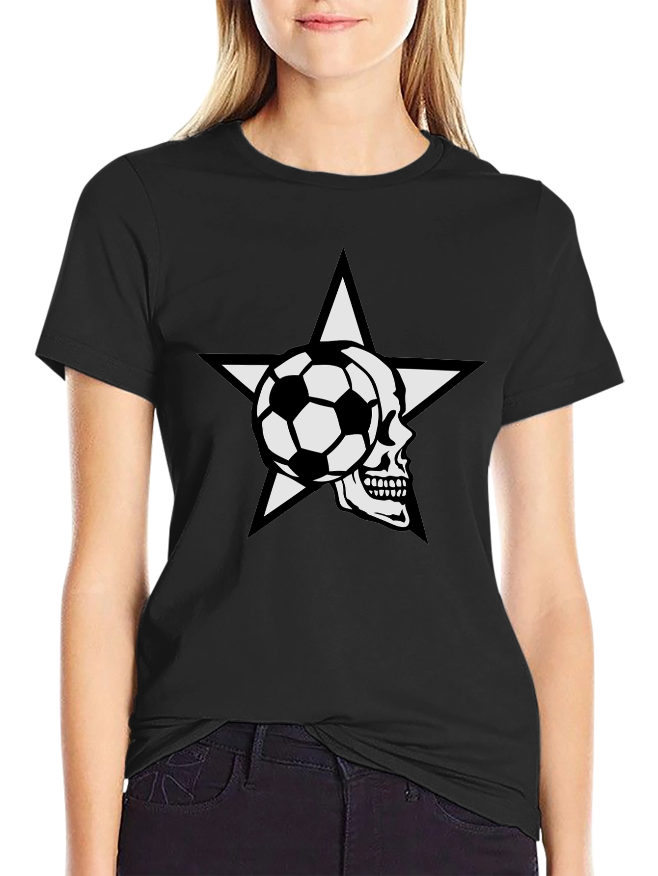 Black Soccer Skull Star Graphic Tee - Black Cotton T-Shirt view 2