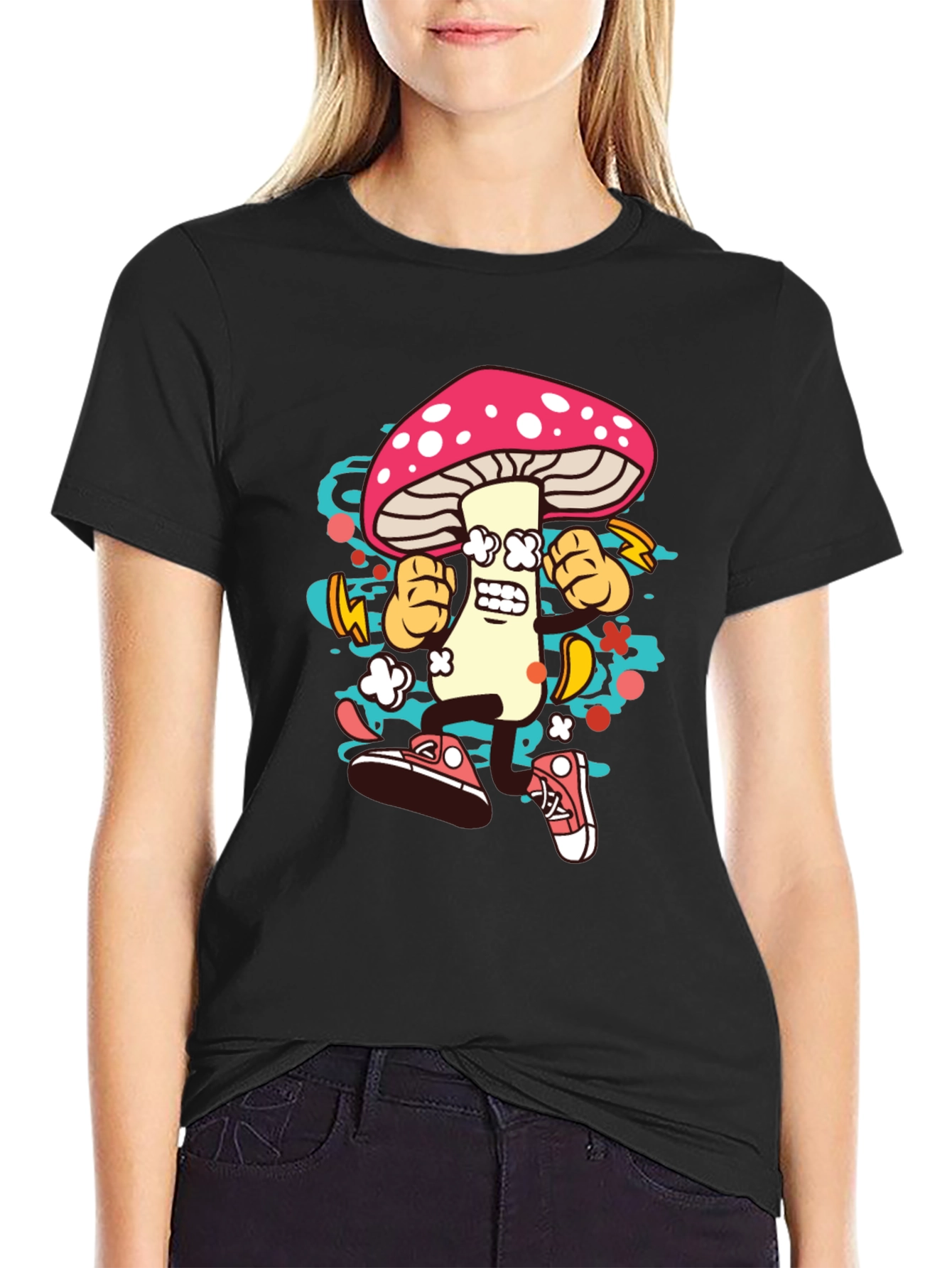 Black Funky Mushroom Graphic T-Shirt - Black Cotton Tee view 2