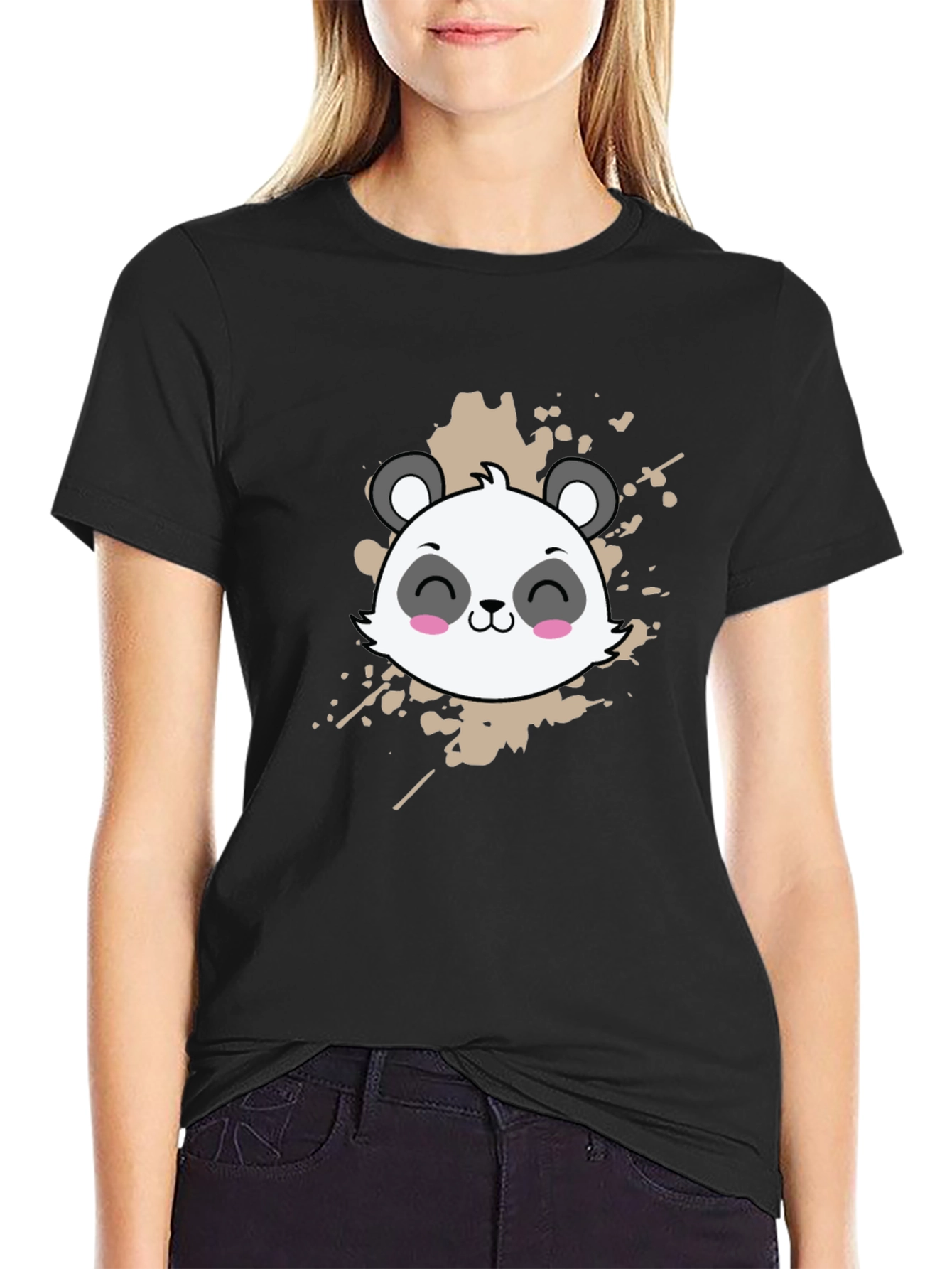Black Cute Panda Graphic Tee - Black Cotton T-Shirt view 2