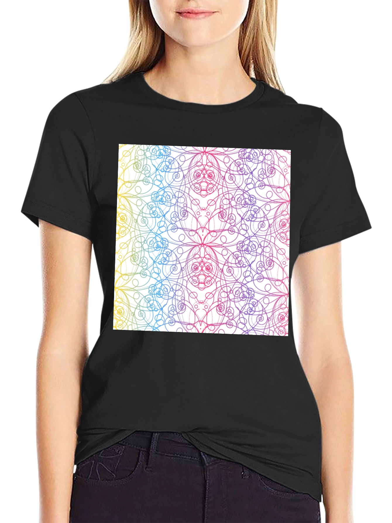 Black Colorful Mandala Design Black T-Shirt view 2