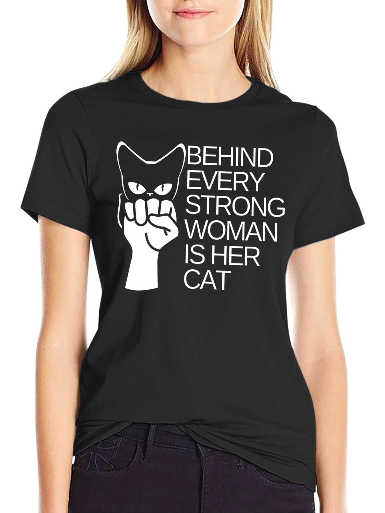 Black Strong Woman Cat Lover T-Shirt - Black view 2