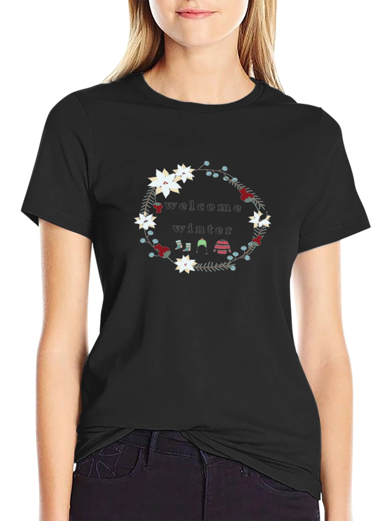 Black Welcome Winter Floral Wreath Black T-Shirt view 2
