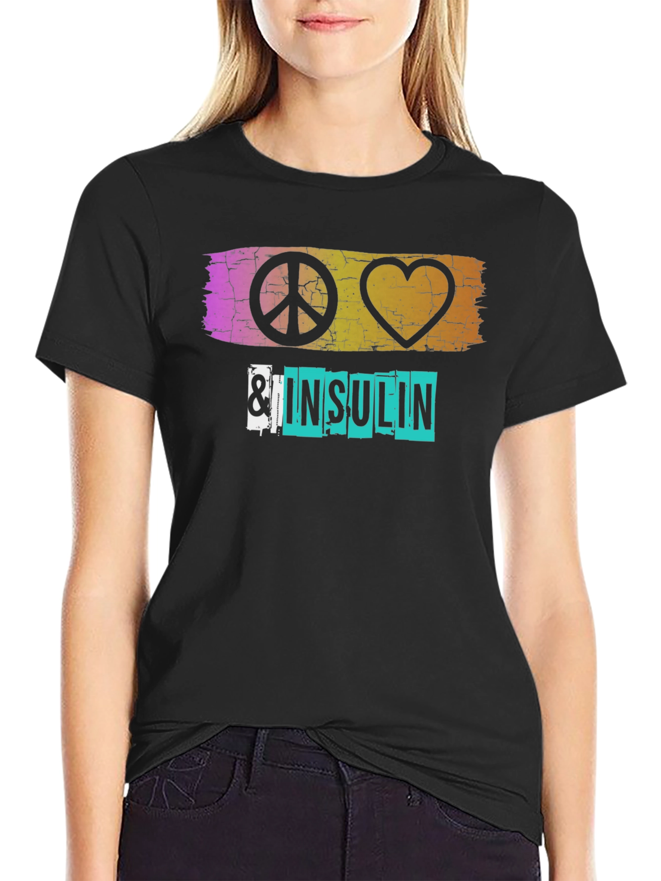 Black Peace Love & Insulin T-Shirt - Diabetes Awareness view 2