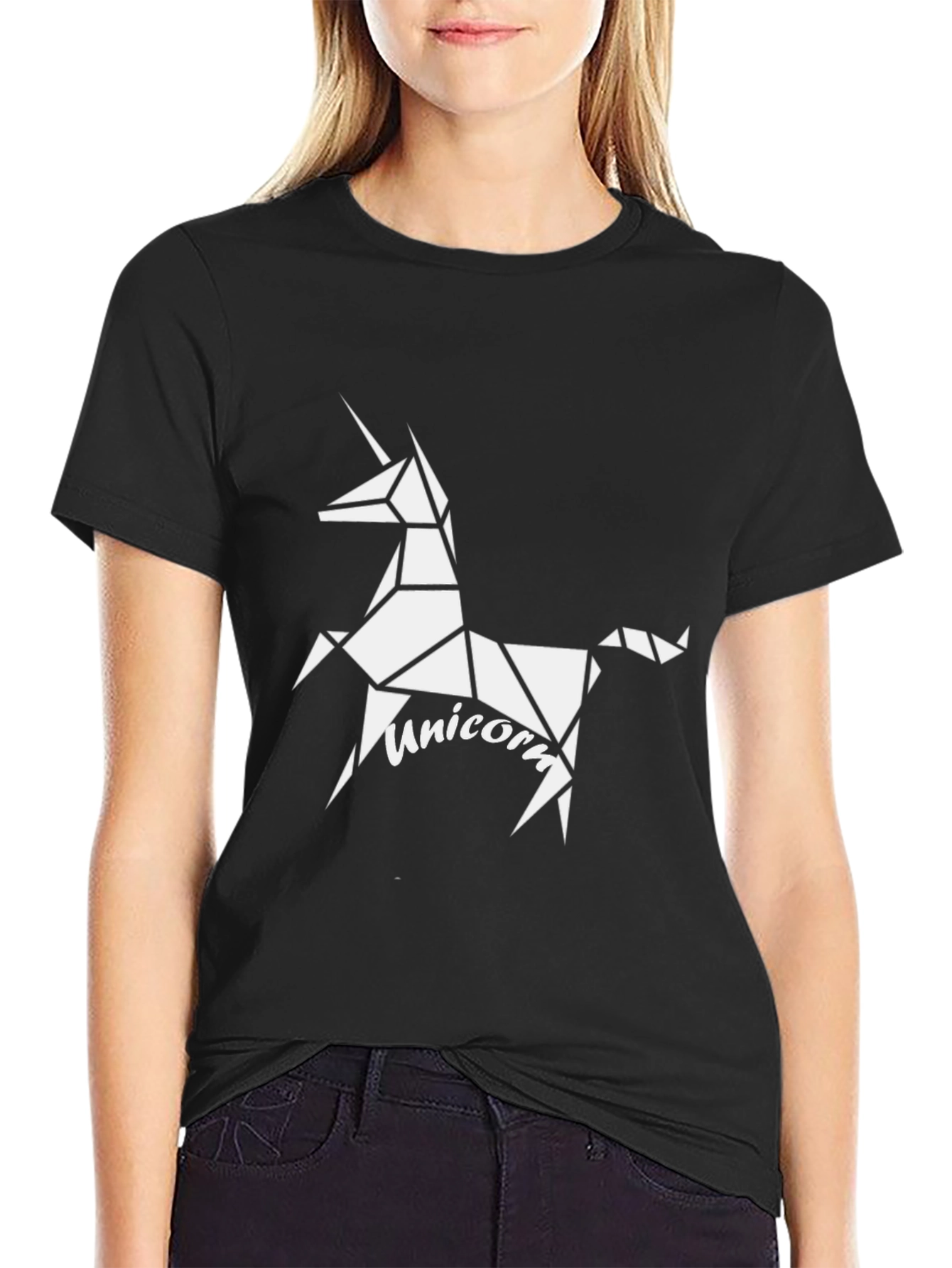 Black Geometric Unicorn Graphic Tee - Black Cotton Casual Shirt view 2