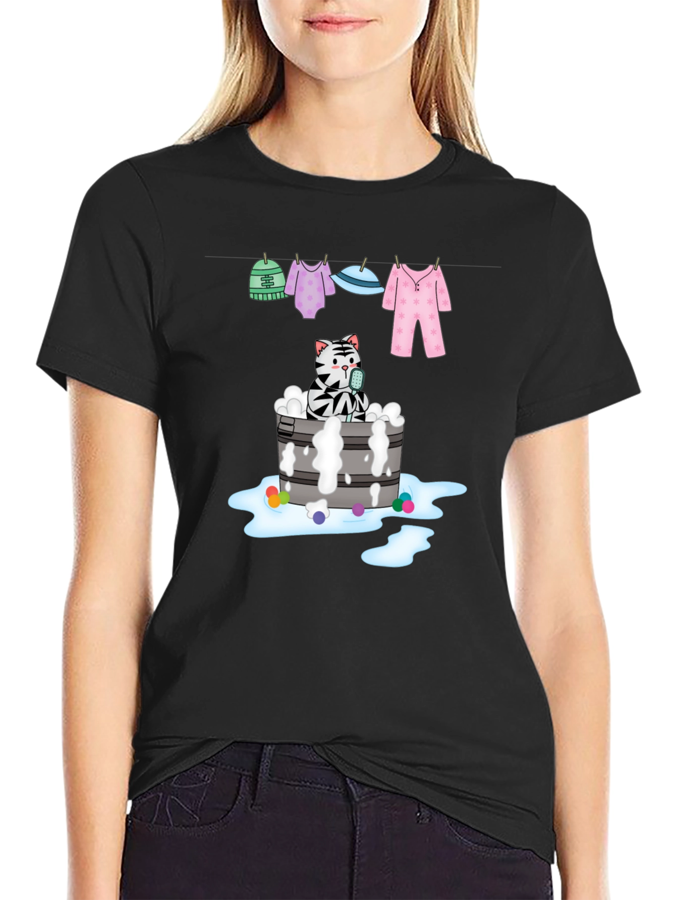 Black Cat Bubble Bath Graphic Tee - Unisex Black T-Shirt view 2