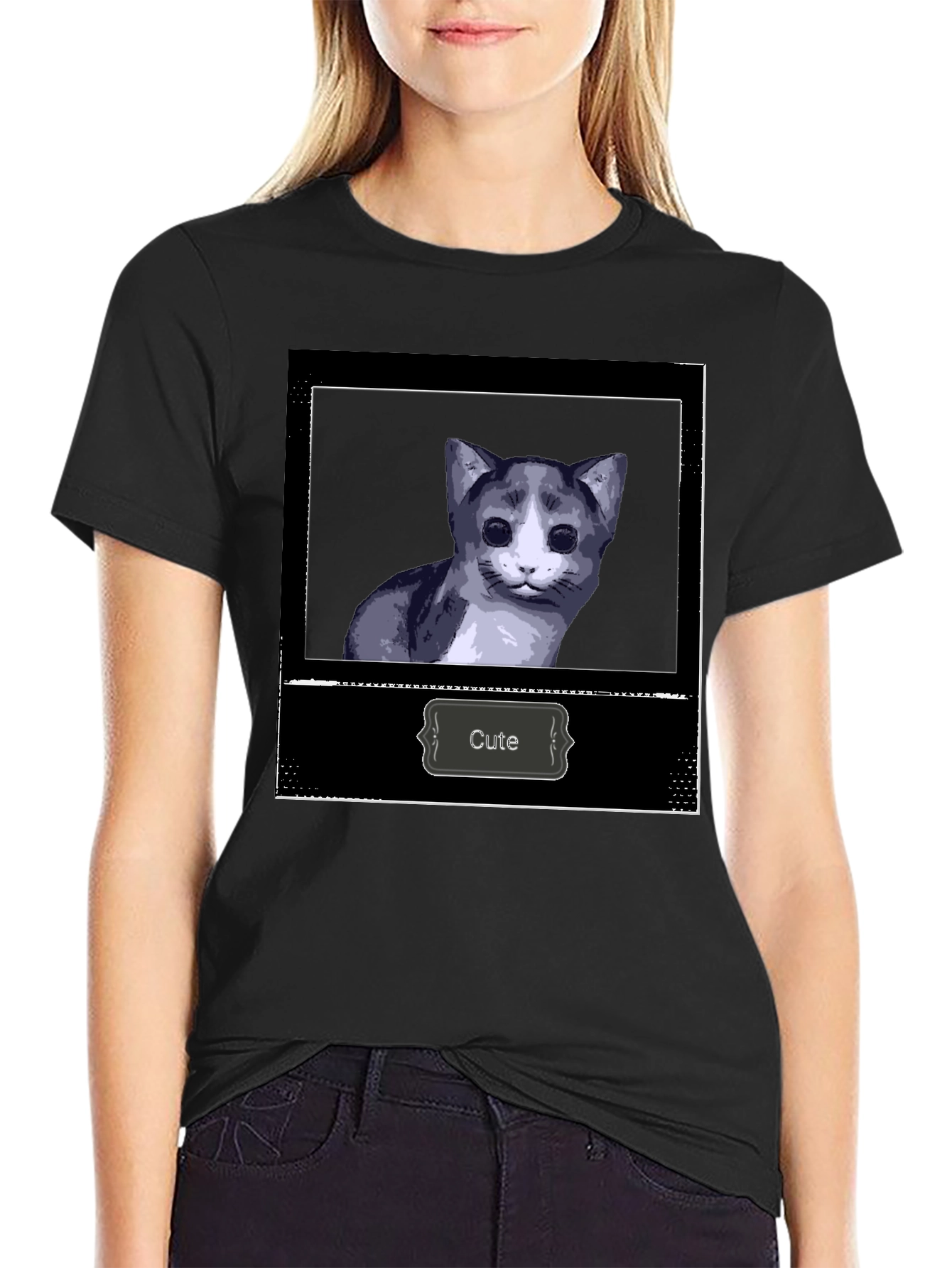 Black Cute Cat Graphic Print Black T-Shirt view 2