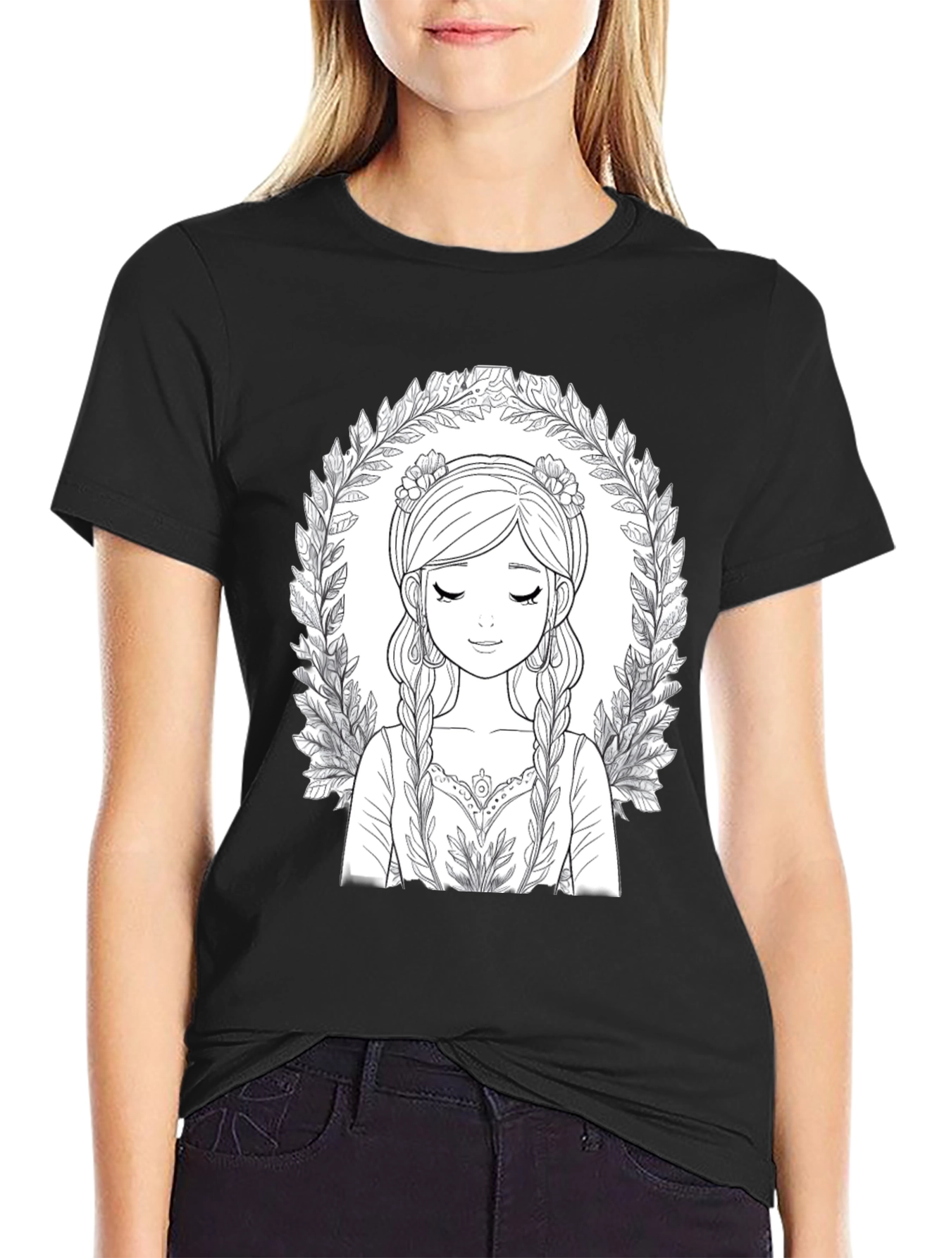Black Black T-Shirt with Intricate Girl Portrait Design view 2