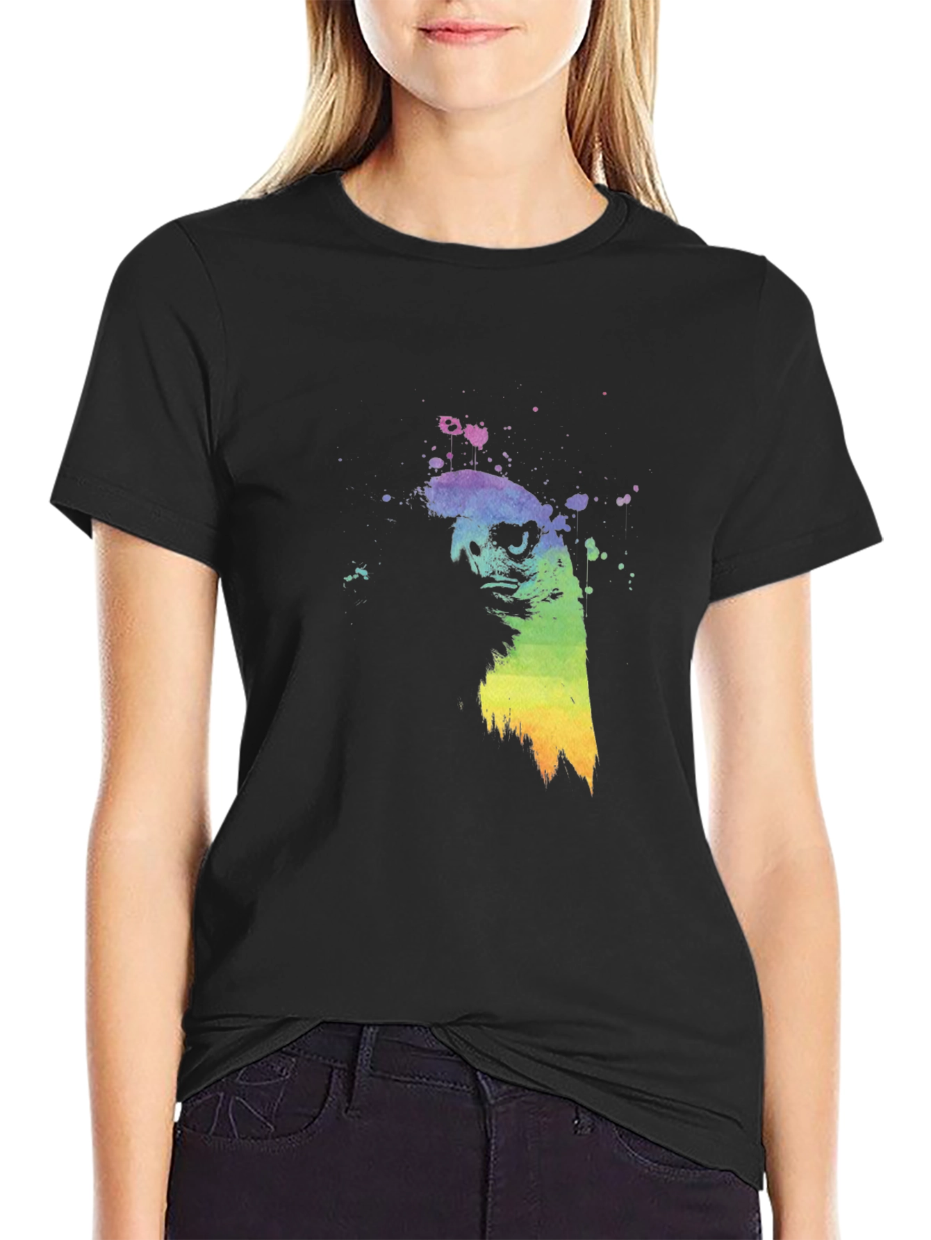 Black Watercolor Bird Graphic Black T-Shirt view 2