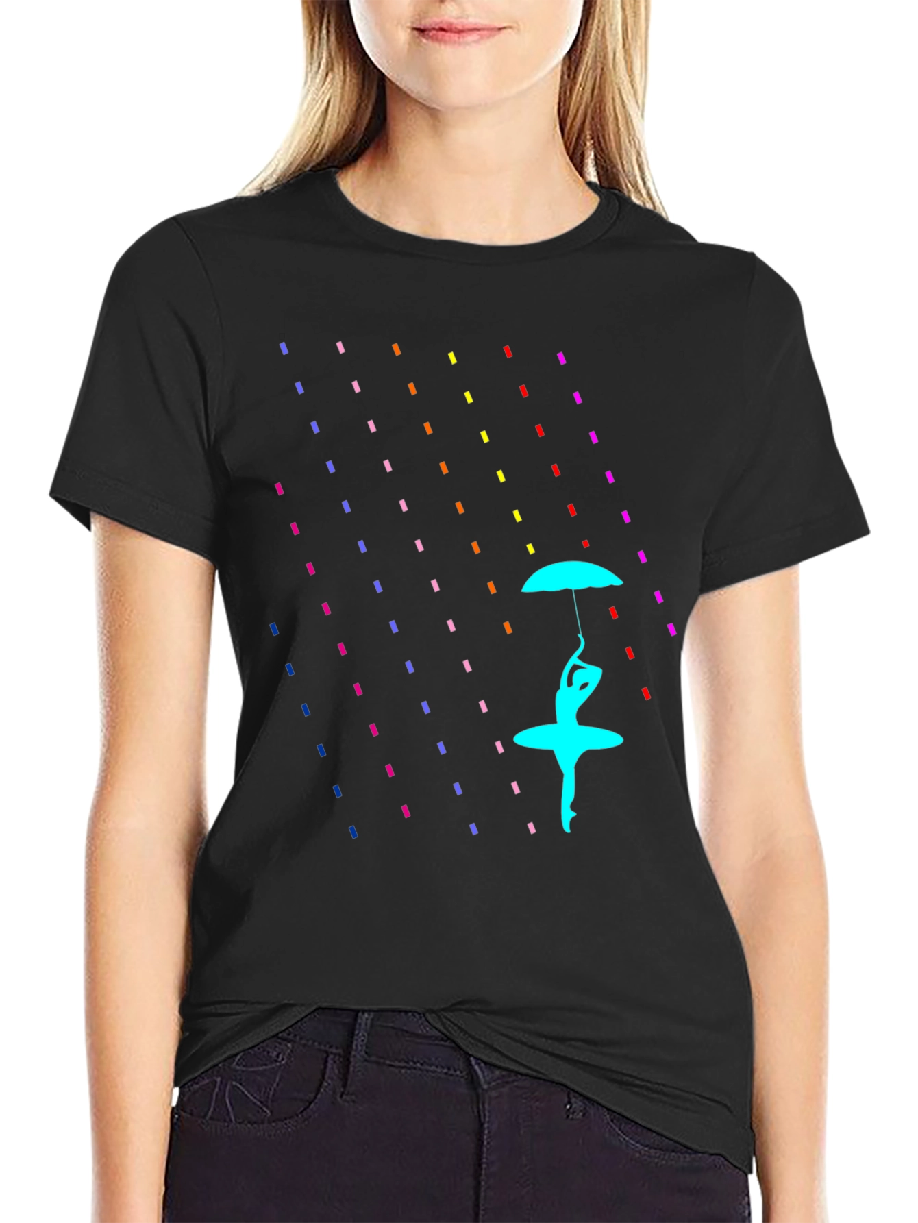 Black Rain of Color: Artistic Graphic Print T-Shirt view 2