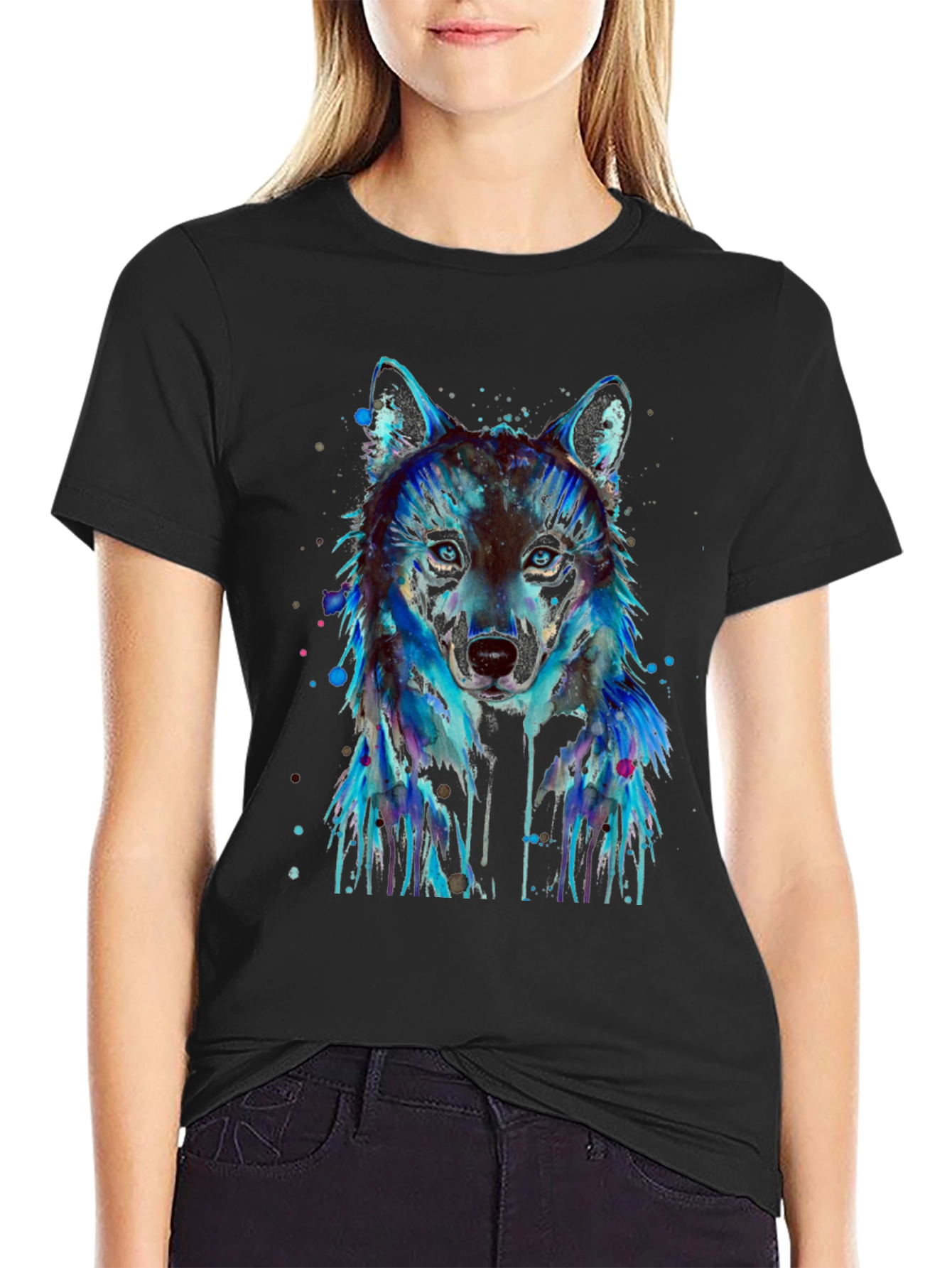 Black Watercolor Wolf Graphic T-Shirt view 2