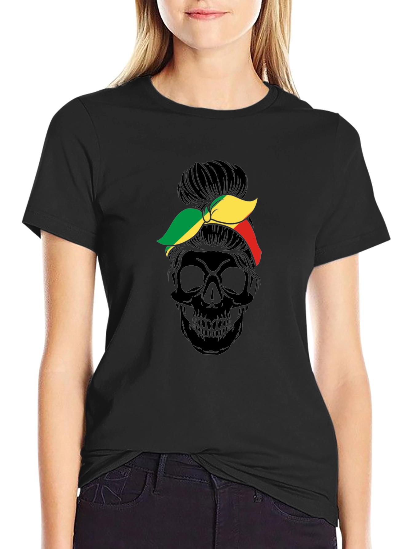 Black Skull Messy Bun T-Shirt - Unique Graphic Tee view 2