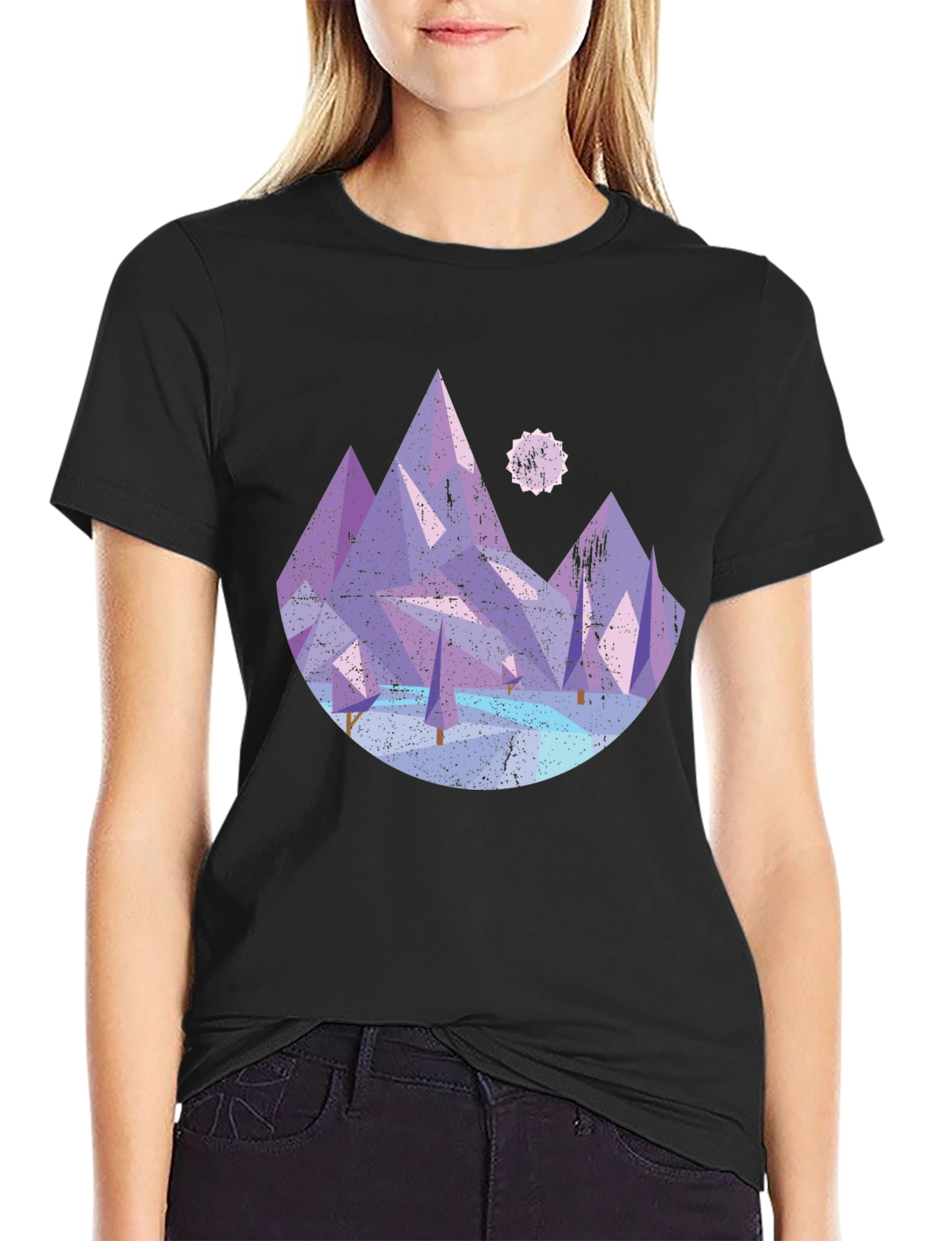 Black Abstract Mountain Graphic Tee - Black Cotton Shirt view 2
