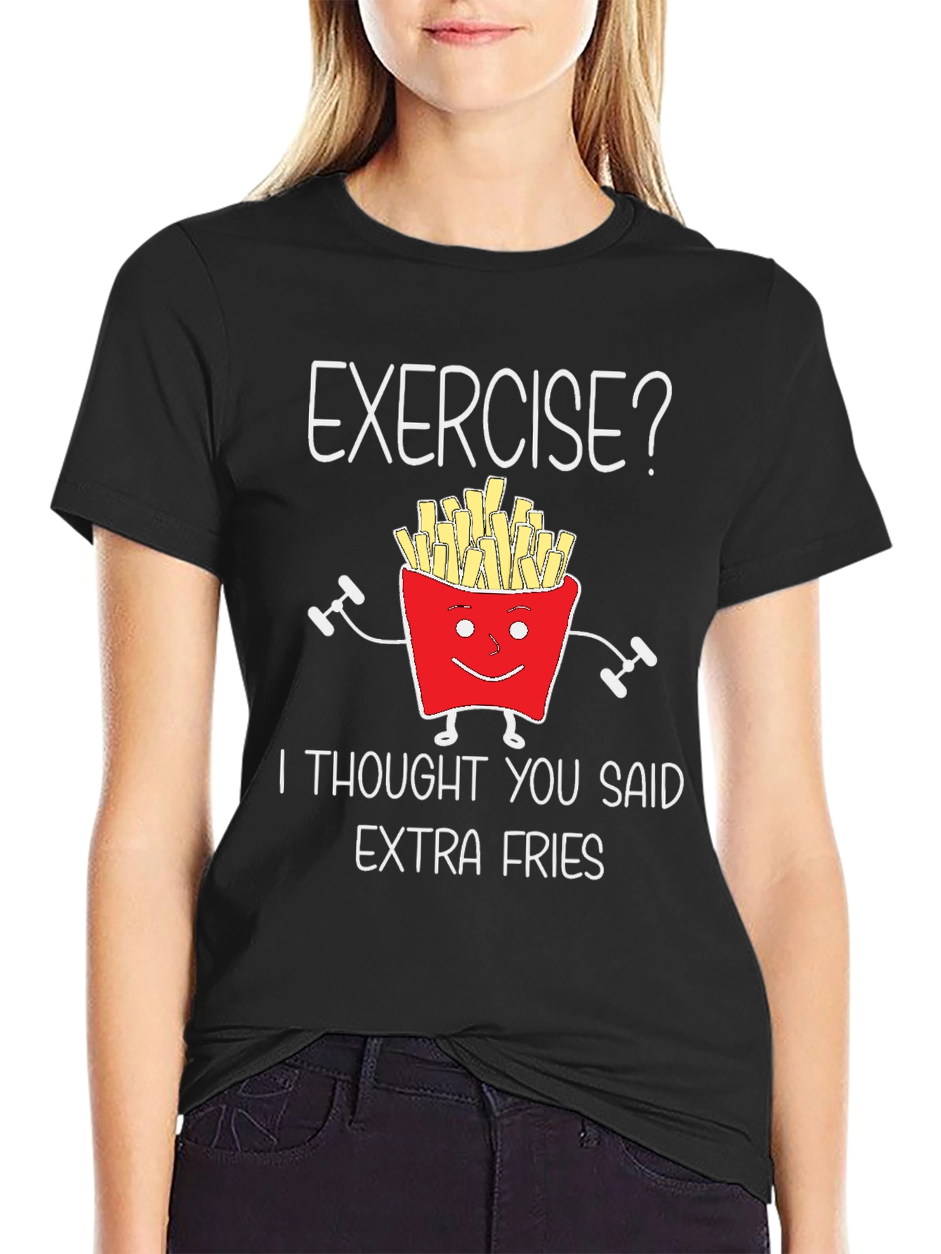 Black Funny Exercise Extra Fries Graphic T-Shirt view 2