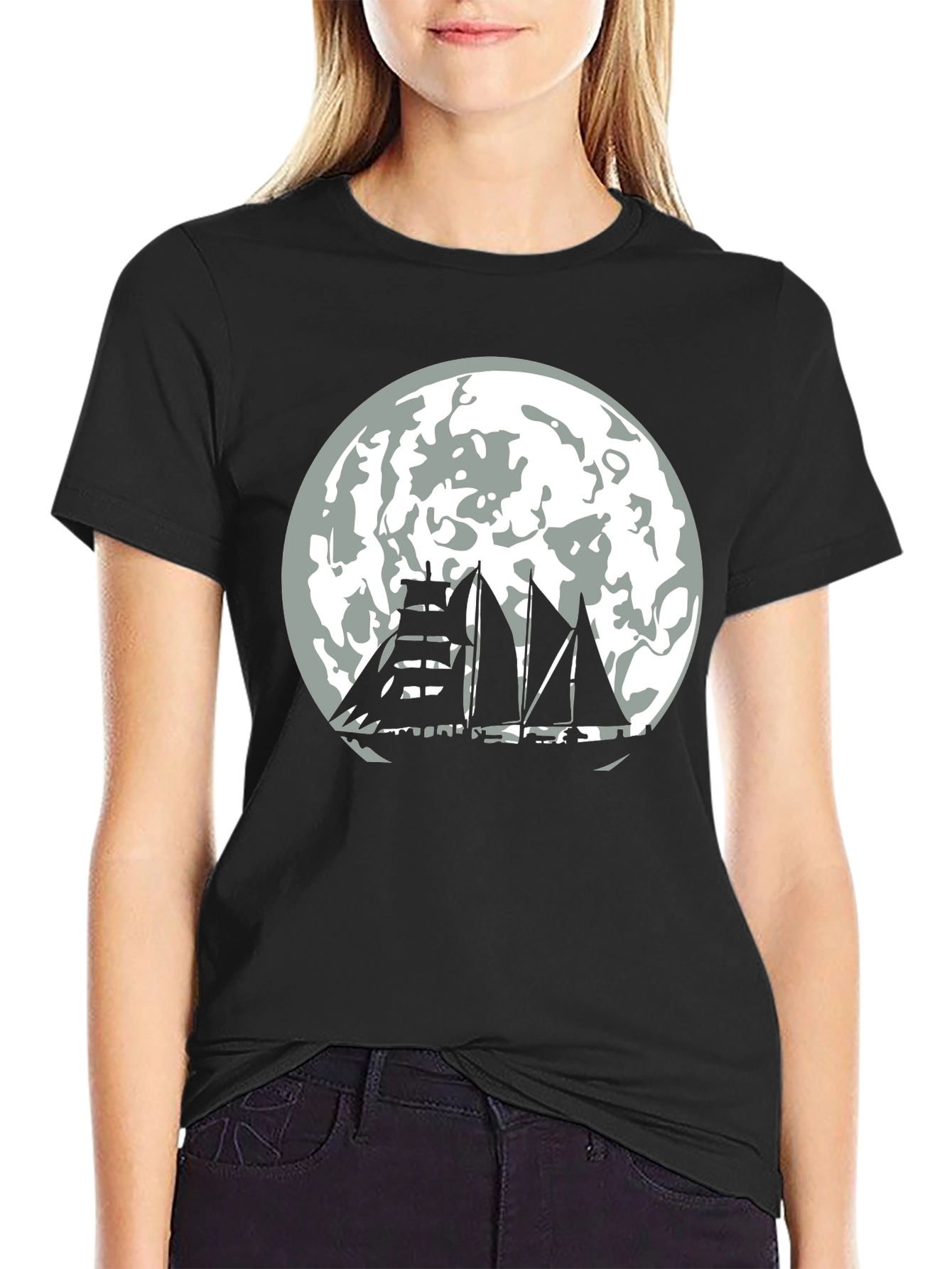 Black Moonlit Sailboat Black T-Shirt view 2