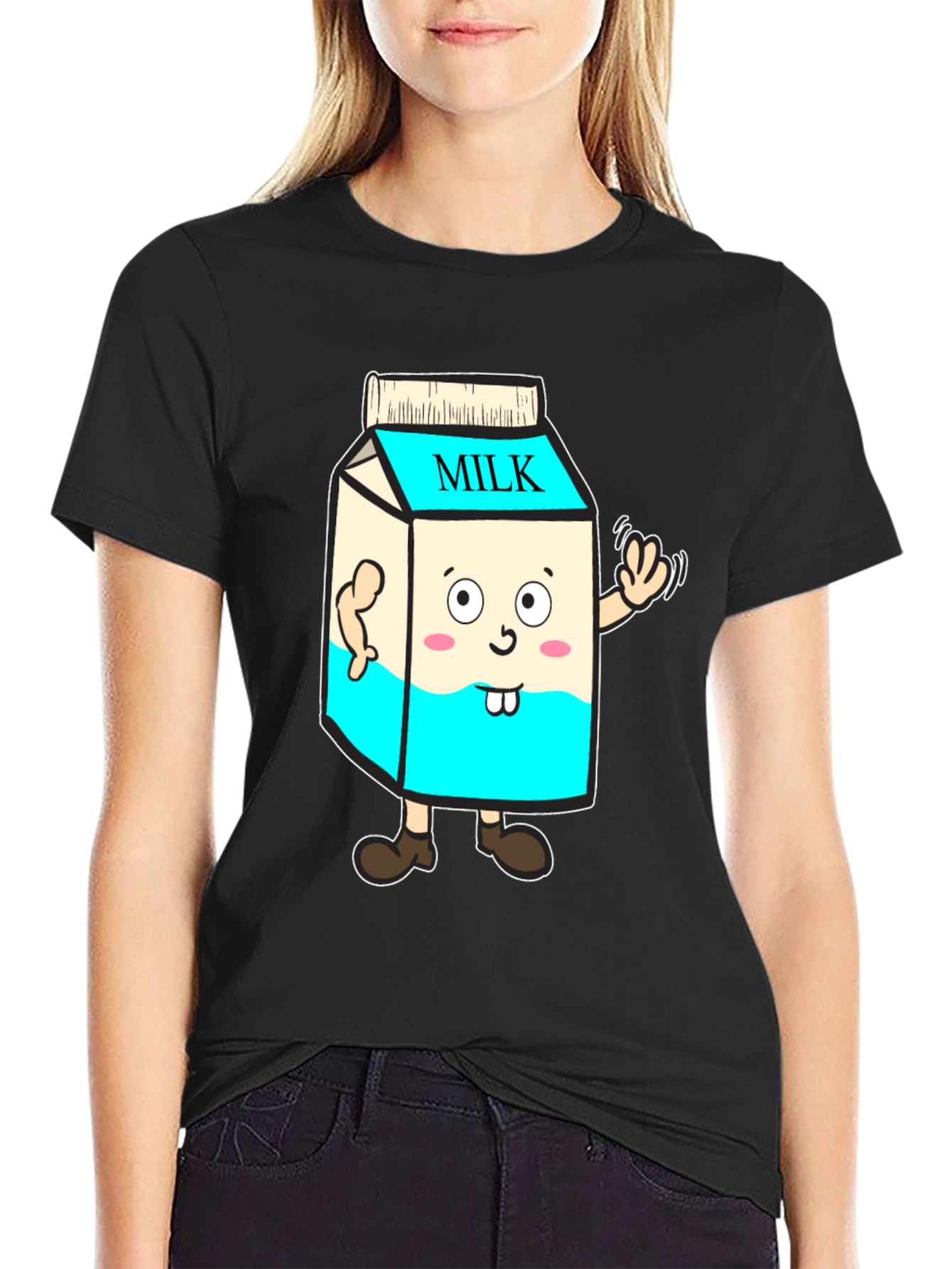 Black Funny Milk Carton Character T-Shirt - Black Cotton Tee view 2