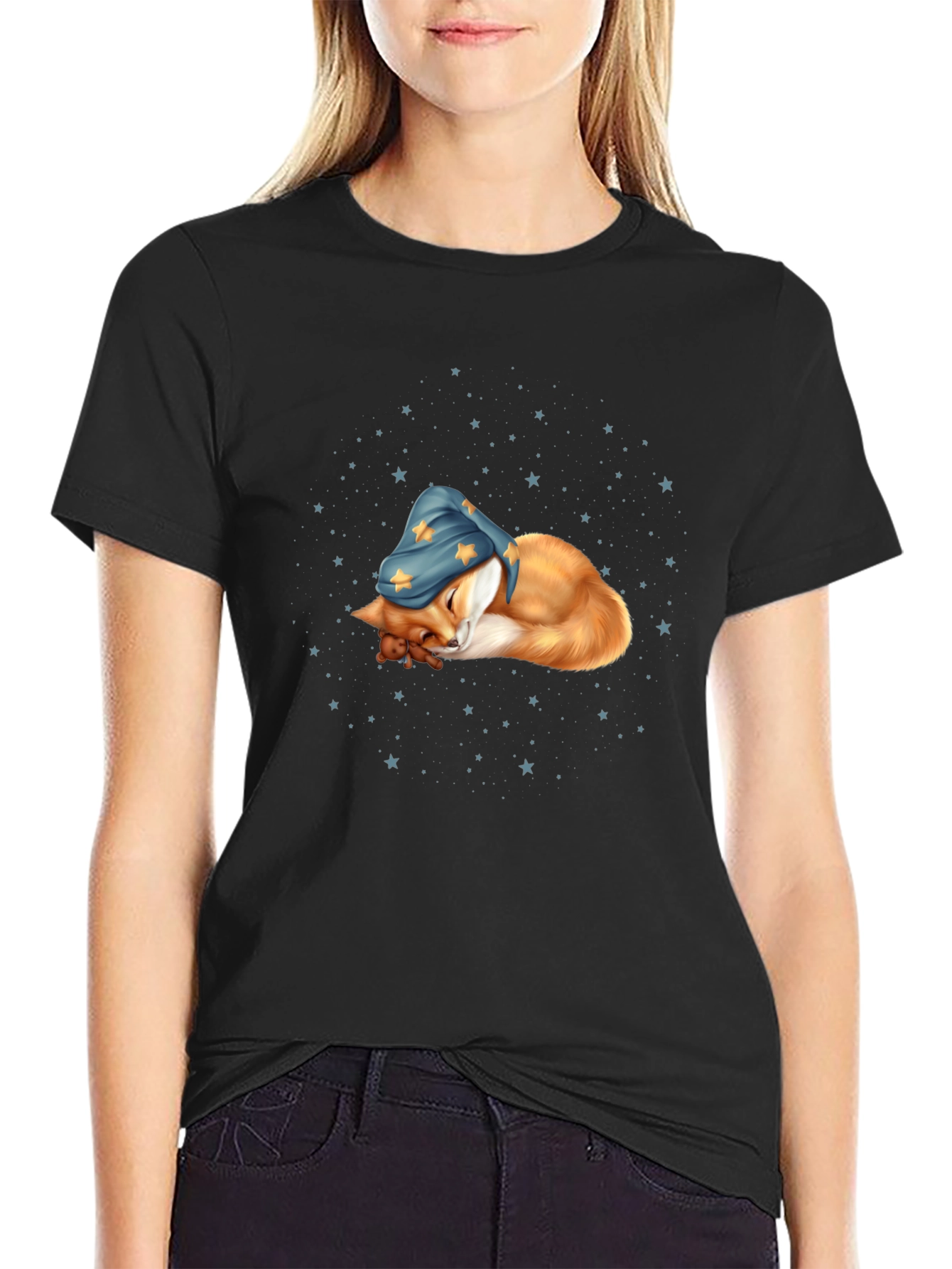 Black Dreamy Fox Tee: Whimsical Comfort view 2