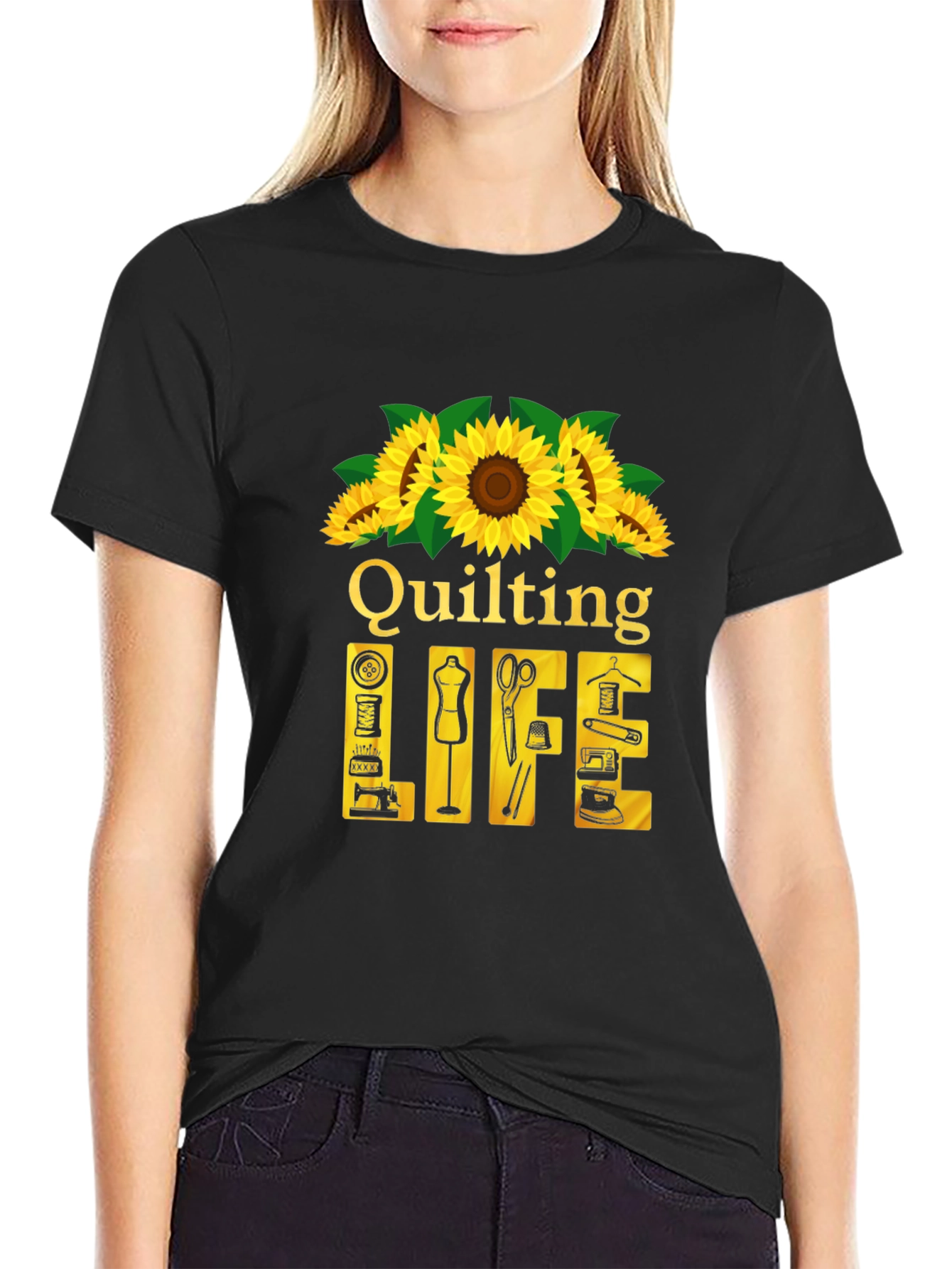Black Quilting Life T-Shirt: Sunflower Edition view 2