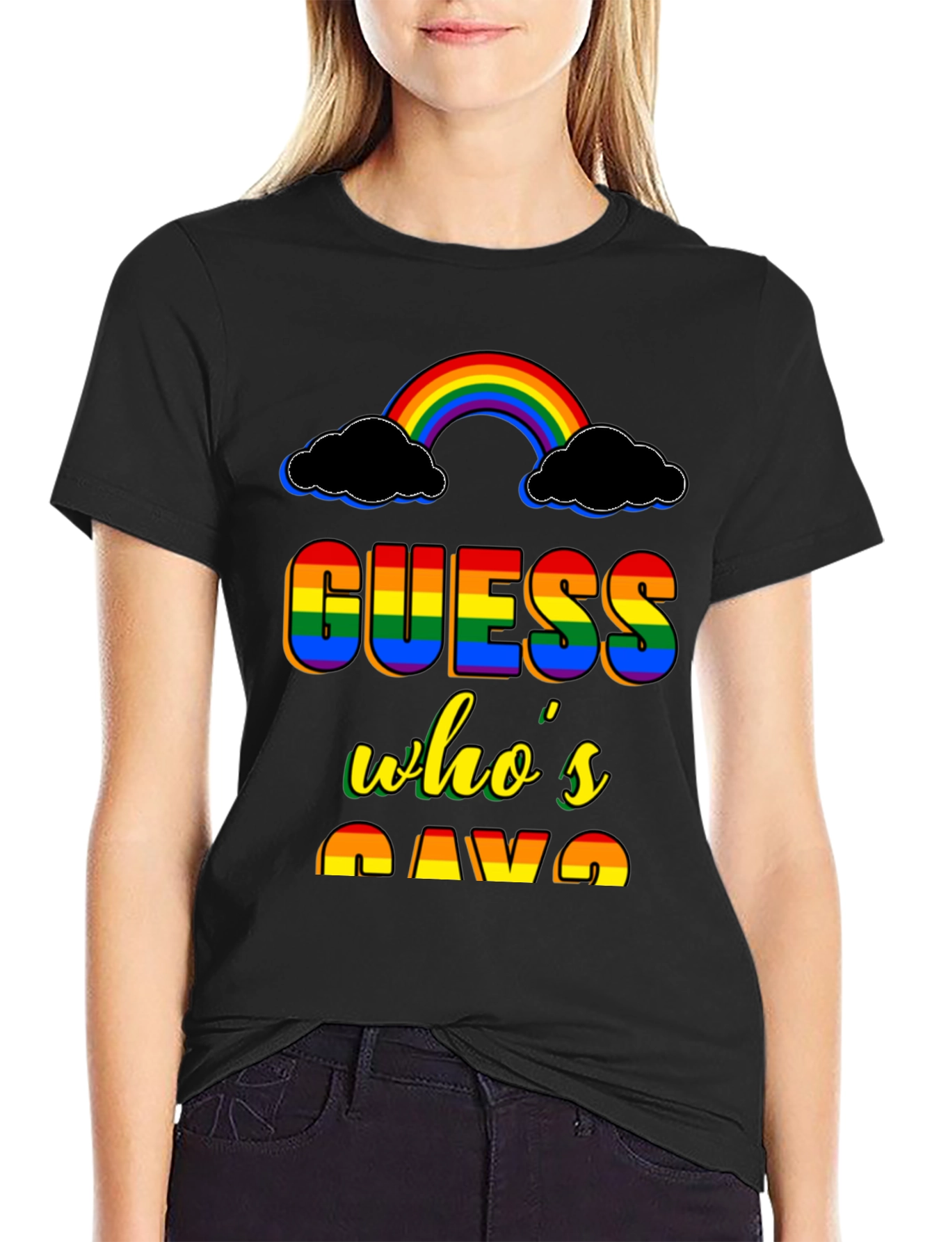 Black Guess Who's Gay T-Shirt Rainbow Pride view 2